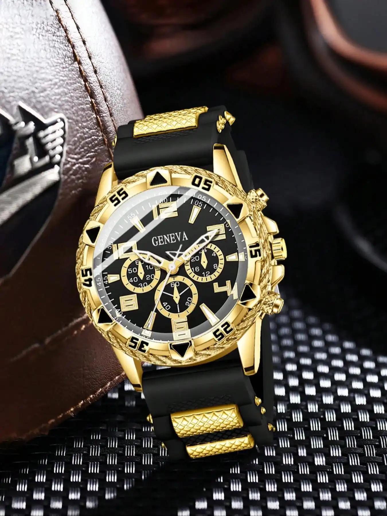 4-piece Fashion Men's Quartz Fashion Watch Set with Necklace, Bracelet Ring, Simulated Dial Design, Perfect Birthday Gift, Party Accessories, Box Not Included