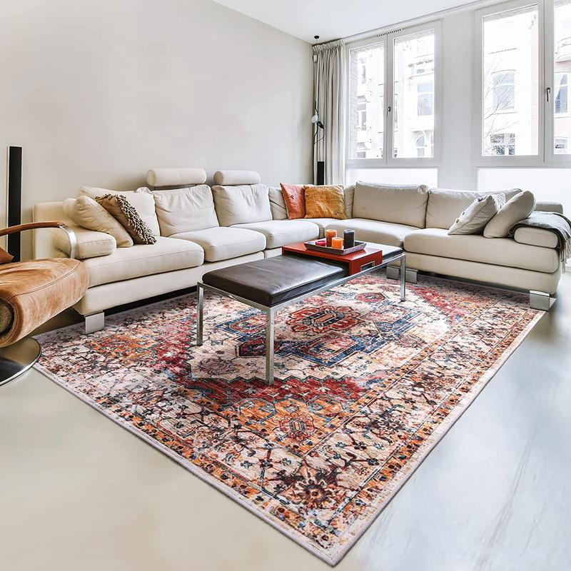 Lochas Boho Area Rug Vintage Tribal Carpet Anti-Slip Rug Washable Persian Carpet for Living Room Bedroom