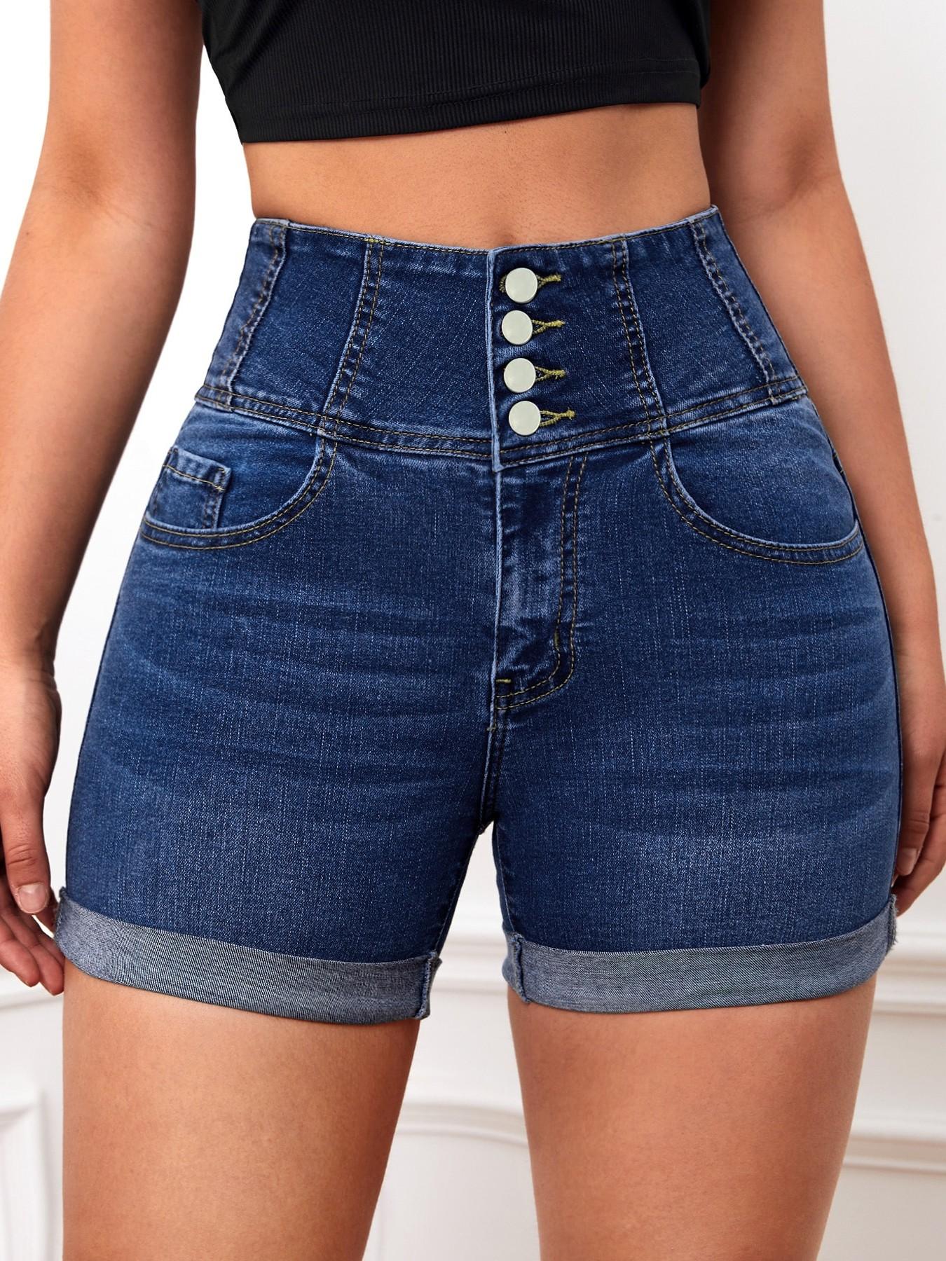 Women's High Waist Denim Shorts, Casual Comfy Button Fly Skinny Shorts for Daily Wear, Ladies Bottoms for All Seasons