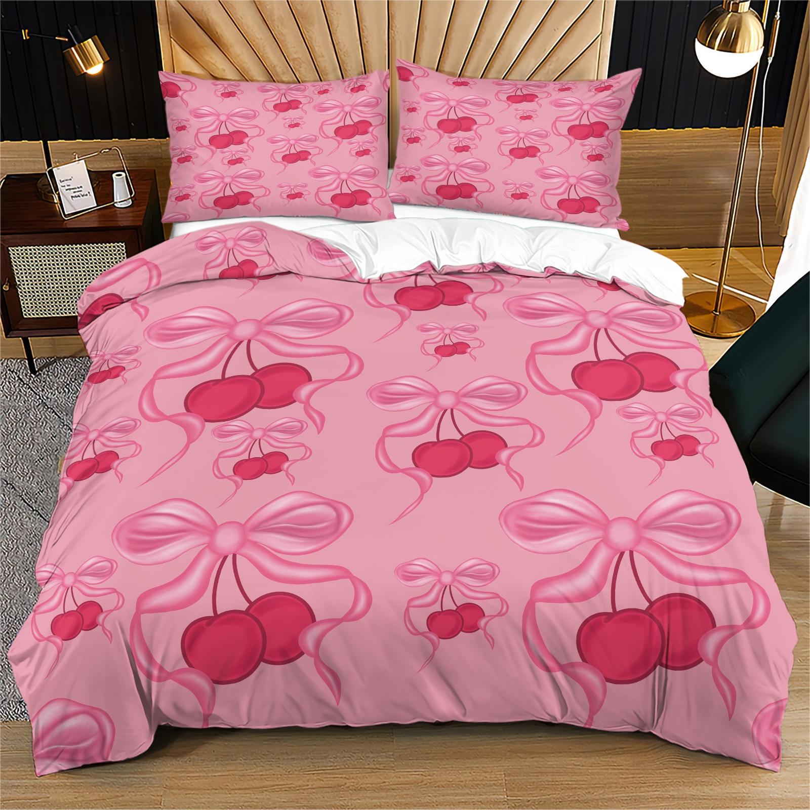 Cherry Bow Pattern Soft Durable Bedding Set, Includes 1 Fitted Sheet & Pillowcases, Perfect Gift for Teens Adults, Modern Bedroom Decor