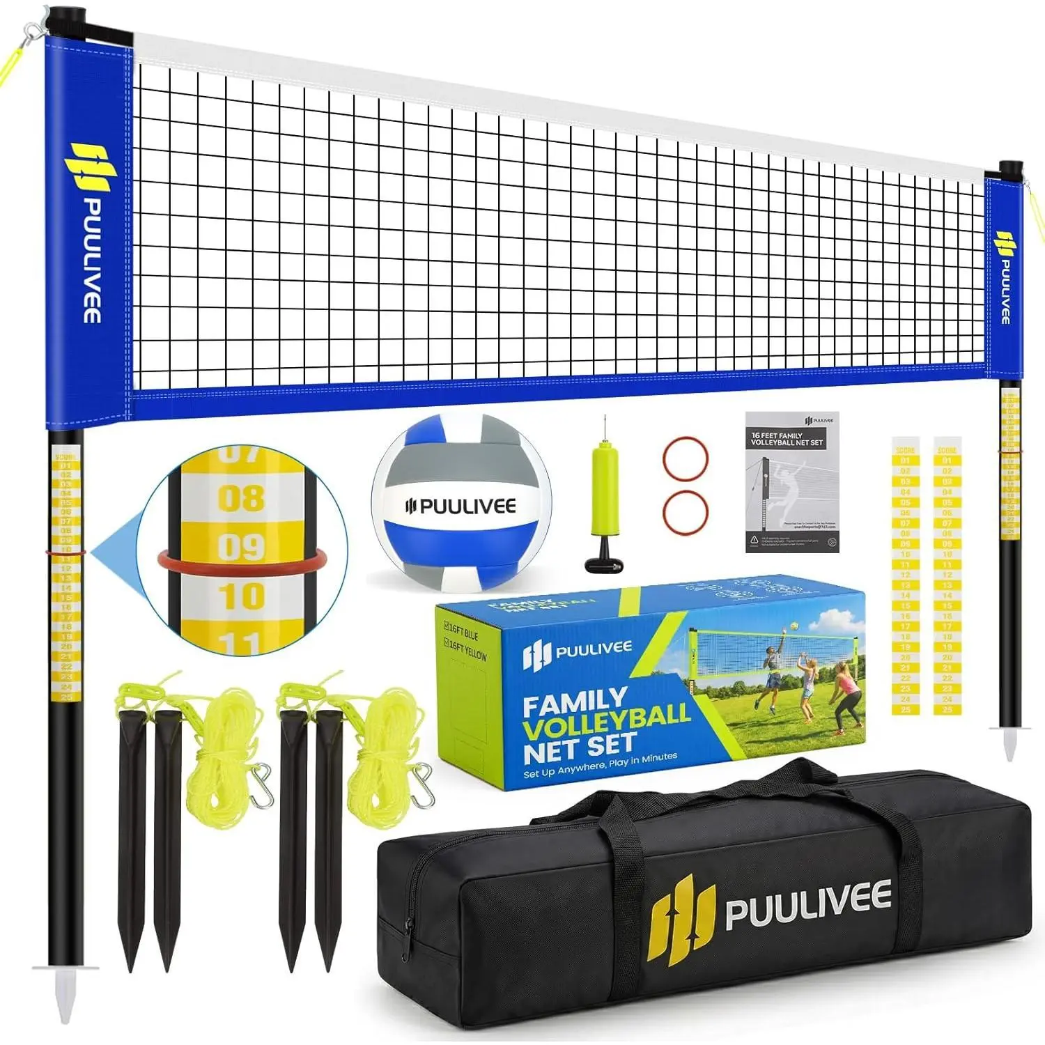 32ft/16ft Outdoor Volleyball Net Set for Backyard, Beach, Grass | All-Weather & Easy Setup with 4 Height Adjustable Poles, Anti-Sag Net, Volleyball, Portable Carry Bag, Premium Packaging