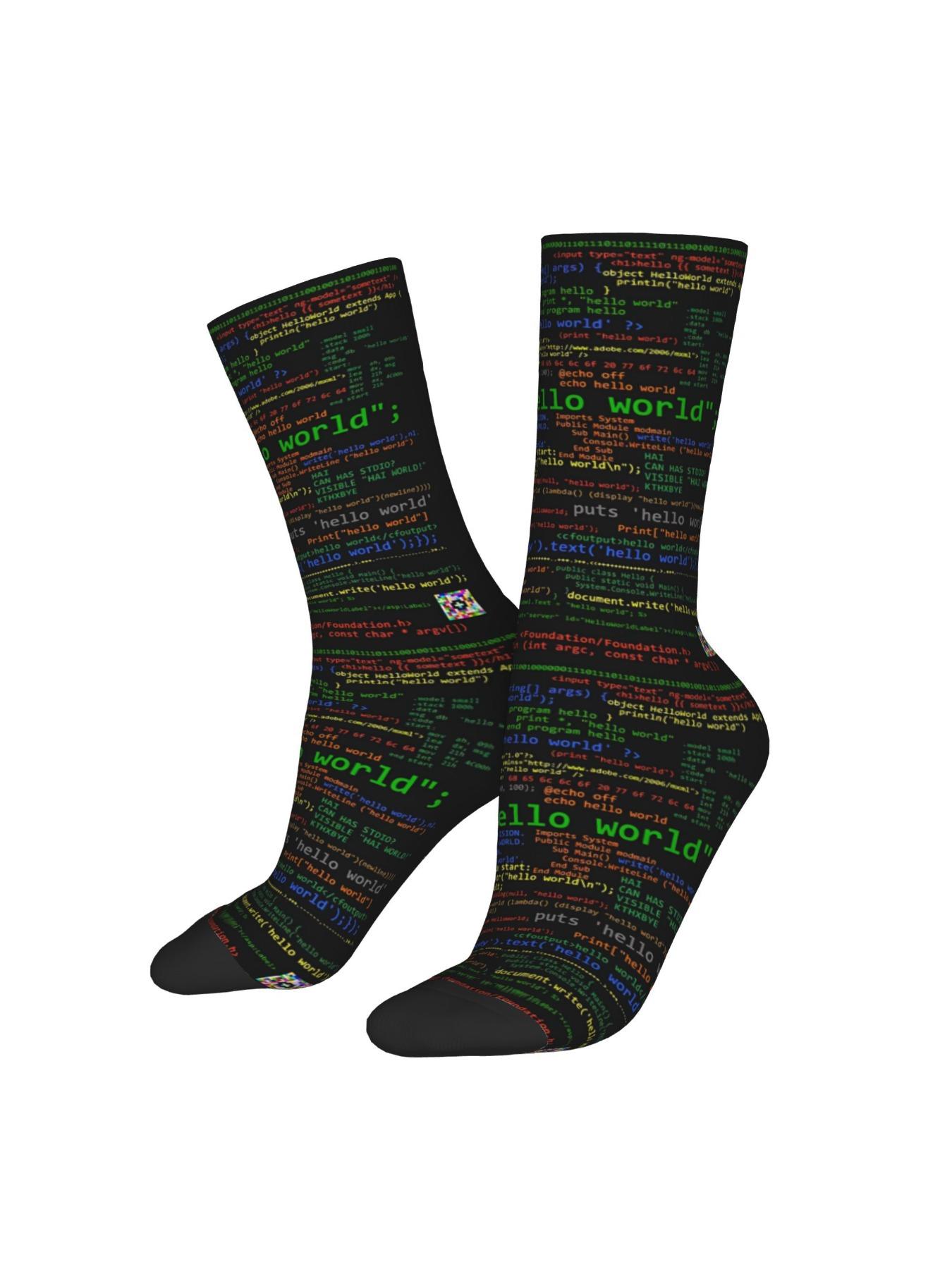 BIIHUDU Men'S Linux & Python Code Socks - Full-Body Programming Language Design (World; Hello World; print();) - Dark Green/Red - Tech Gift for Programmers, Developers - Durable Polyester Casual & Formal Wear - Novelty Computer Socks