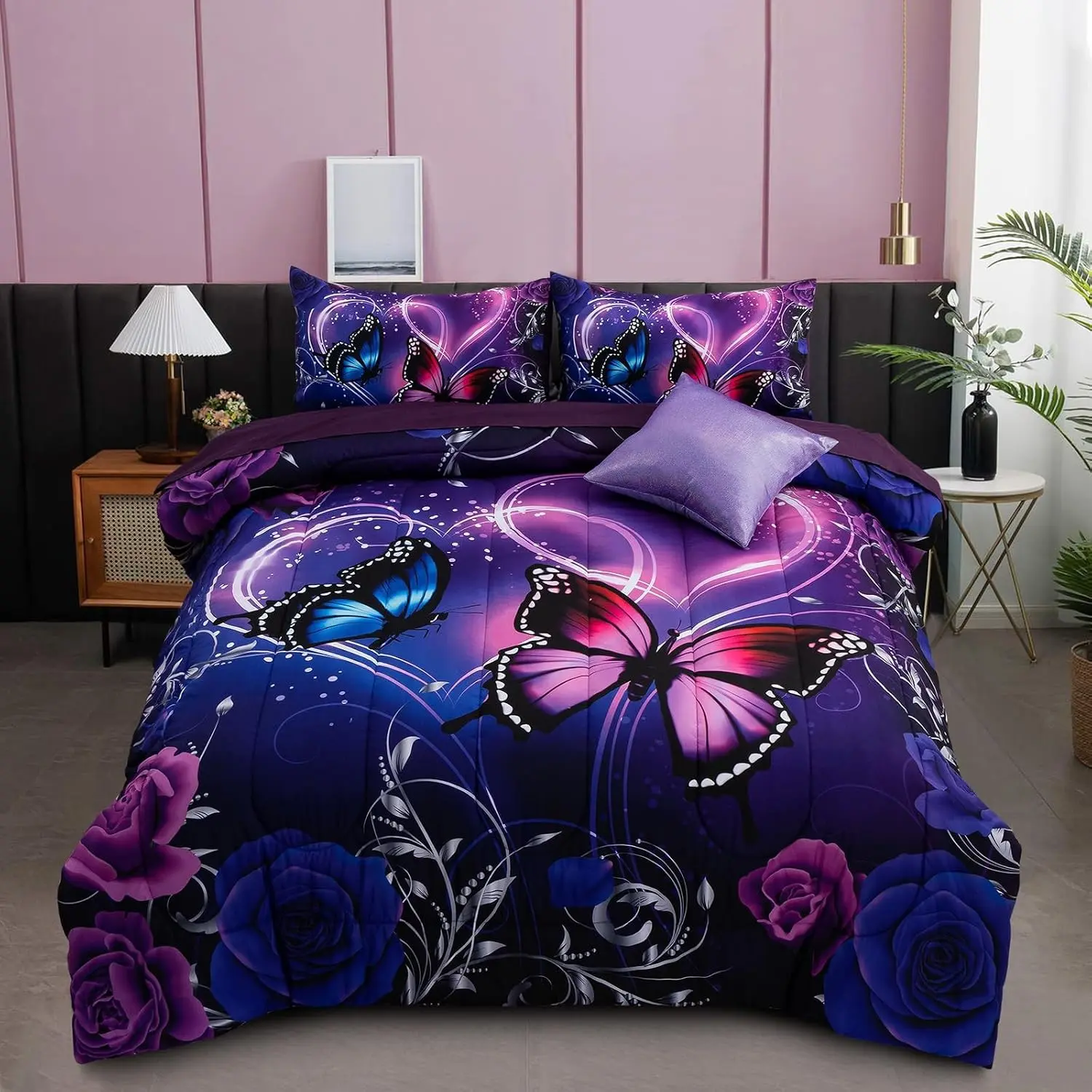 Purple Galaxy Butterfly 6pc Bedding Girls Comforter Sets,Twin 3D Butterflies Printed,Bed In A Bag With Sheet Sets,Ultra Soft,Machine Washable,For Boys Girls Teen,All Seasons