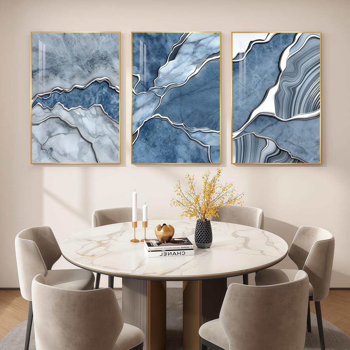 3 Counts Aluminum Alloy Framed Painting, Abstract Blue Marble Texture Art Pictures, Home Decoration For Living Room, Bedroom, Office, Restaurant, Hallway Wall Decor, Odorless Print Artwork, Luxury Perfect Gift For Friends And Family