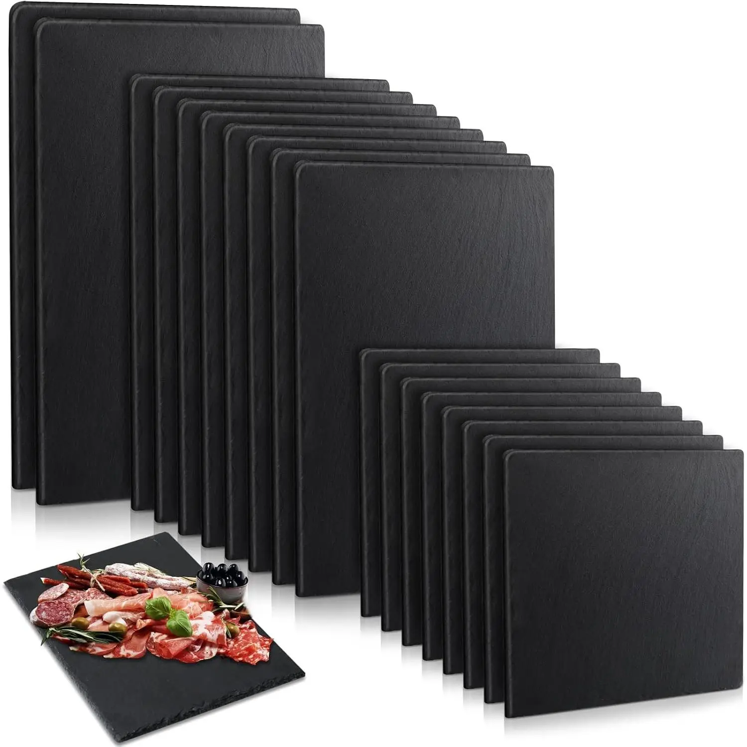 Set of 18 Black Slate Cheese Serving Boards - Stone Platter Tray for Sushi, Food, Cake, Fruit, Meat - Individual Serving Ideal for Christmas Party (Square)