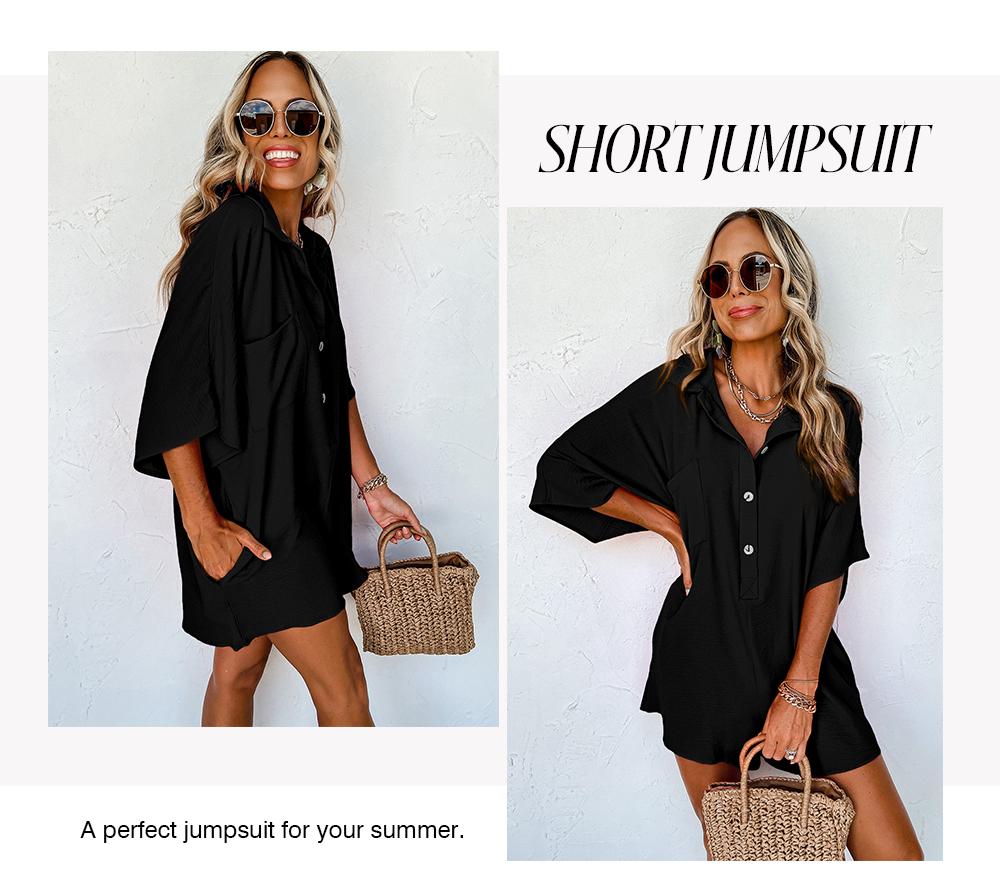 Asvivid Women's Oversized Summer Romper - Half Sleeve Button Collar Pocket Jumpsuit, Casual Chic Loose Fit Vacation Outfit