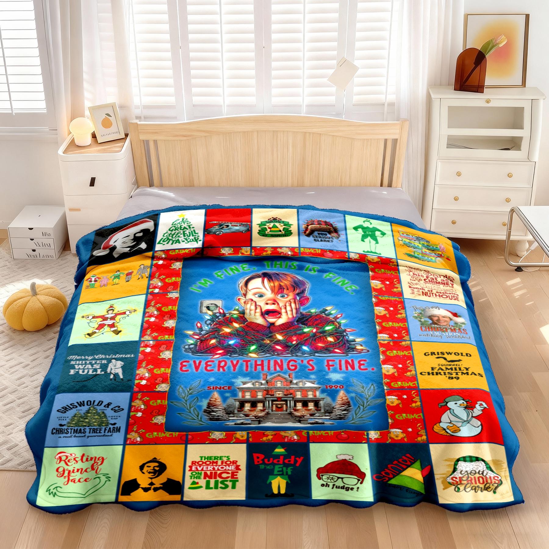 Classic Christmas Movies Collage Flannel Blanket, Home Alone, Christmas Vacation, Grinch & Elf Funny Quote Throw, Vintage Holiday Gift, Woven Throw Blanket