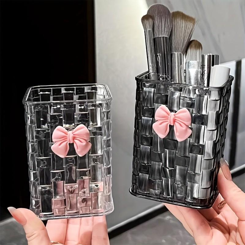 Transparent acrylic makeup brush holder + bow tie, creative makeup storage bucket, lipstick and pen organizer box, desktop decorative cosmetics storage box, Cosmetic Organizers, Clear Storage, Container Organizer