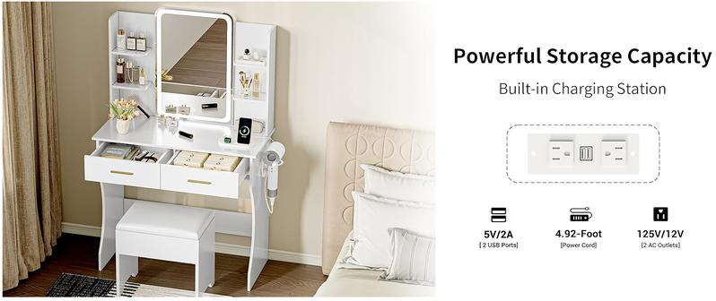 Led Light Makeup Vanity Desk with Lighted Mirror & Power Outlet,  Makeup Vanity Table Set with Storage Drawers & Chair, 3 Lighting Color Adjustable