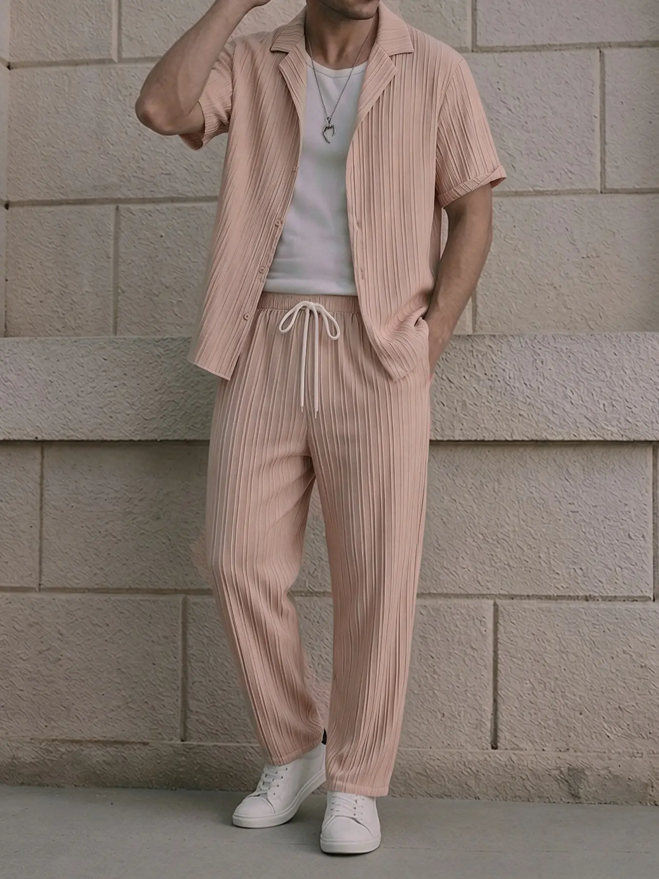 Men's Vertical Pleated Cuban Collar Cuffed Short Sleeve Shirt & Elastic Waist Straight Long Pants 2 Piece Outfit, Solid Khaki Casual Loungewear Matching Set, Breathable Crinkle Texture Fabric Loose Fit Tracksuit For Men Daily Rest Travel Casual Wear