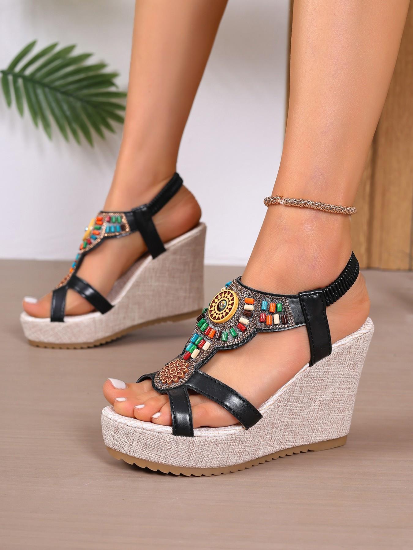 2026 Summer New Bohemian Style Wedge Sandals for Women, Ethnic Beaded Thick Sole Waterproof Platform Roman Shoes