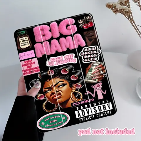 "BIG MAMA" Retro Collage iPad Protective Case, Tablet Accessories, Black & Pink Aesthetic Protective Cover with Trifold Stand & Auto Wake/Sleep, Transparent Acrylic Hard Back, Shockproof Full Body Protection, Fits 10.2/10.5/10.9/11/12.9 Inch Tablets