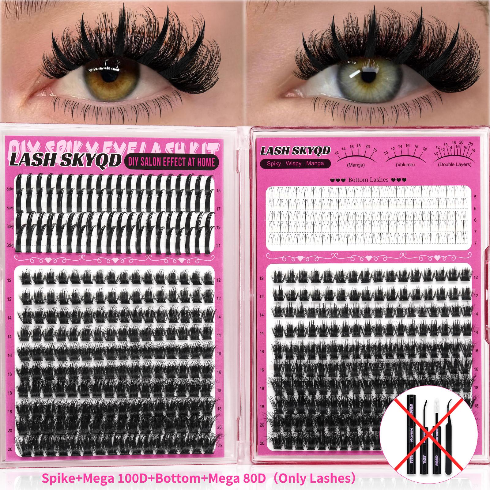 LASH SKYQD 472pcs 4 Styles D Curl False Eyelash Cluster Kit, Bottom/Spike/Mega 100D/Mega 80D Volume Lash Extensions Kit With Lash Bond and Seal Tweezers, Perfect for Beginners & Proficient, DIY at Home Easily, Easy Apply for Makeup Daily