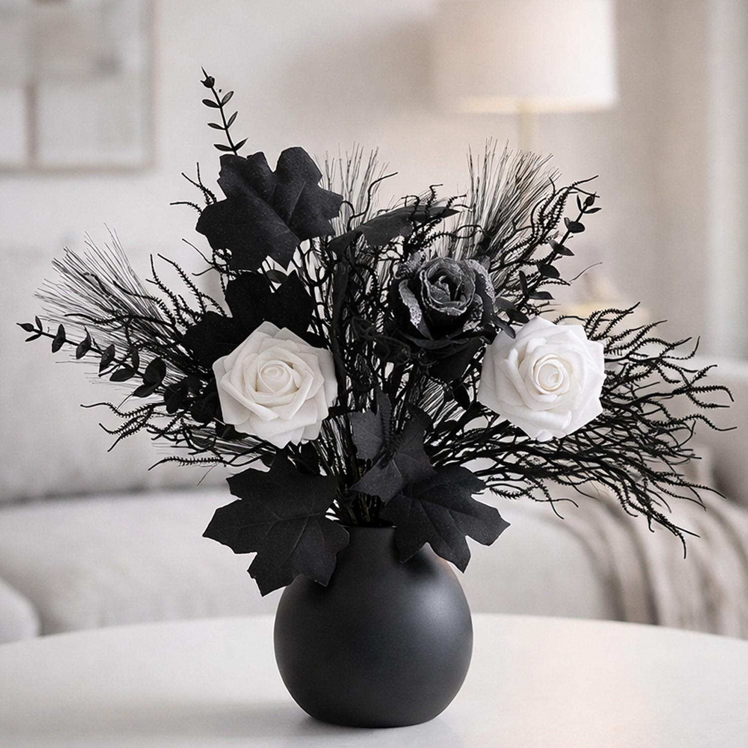 Artificial Flower Bouquet, Realistic Roses, Decorative Leaves, Feathery Stems, Monochrome Design, Modern Home Décor, No Maintenance