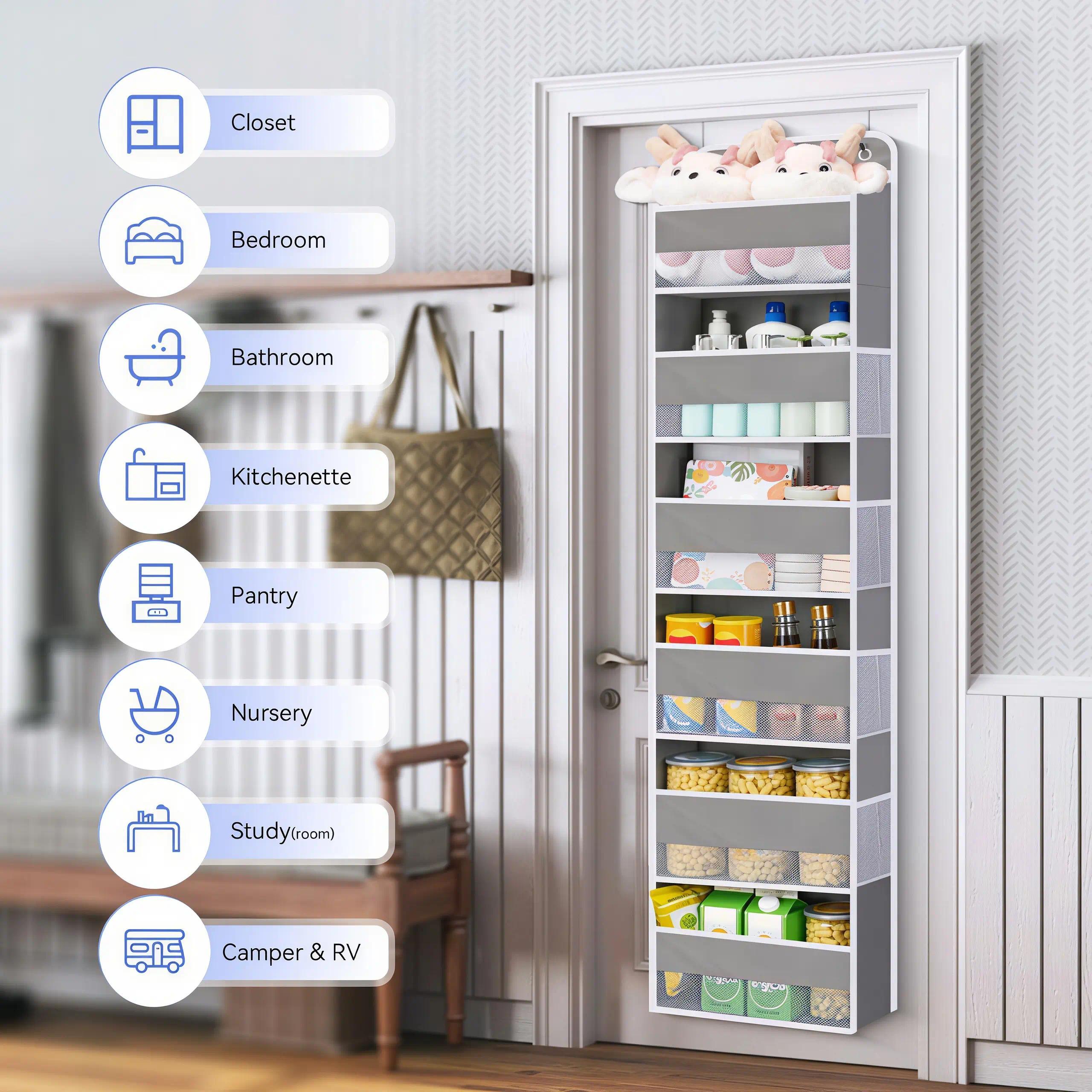 Lovely Home 2026 New Arrival 5-Tier Over-The-Door Storage Organizer with 10 Jumbo Pockets, Anti-Swing Support, 44 lb Weight Capacity, Hanging Caddy for Bedroom, Bathroom & Nursery Essentials, Tool-Free Installation