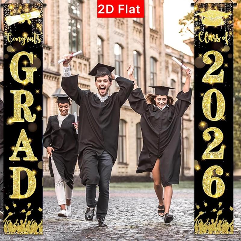 2D Flat Banner Door Sign 1 Pair, 2026 Graduation Porch Banner, Outdoor Gold Sparkle, Weatherproof Graduate Welcome Sign, High School Party Supplies