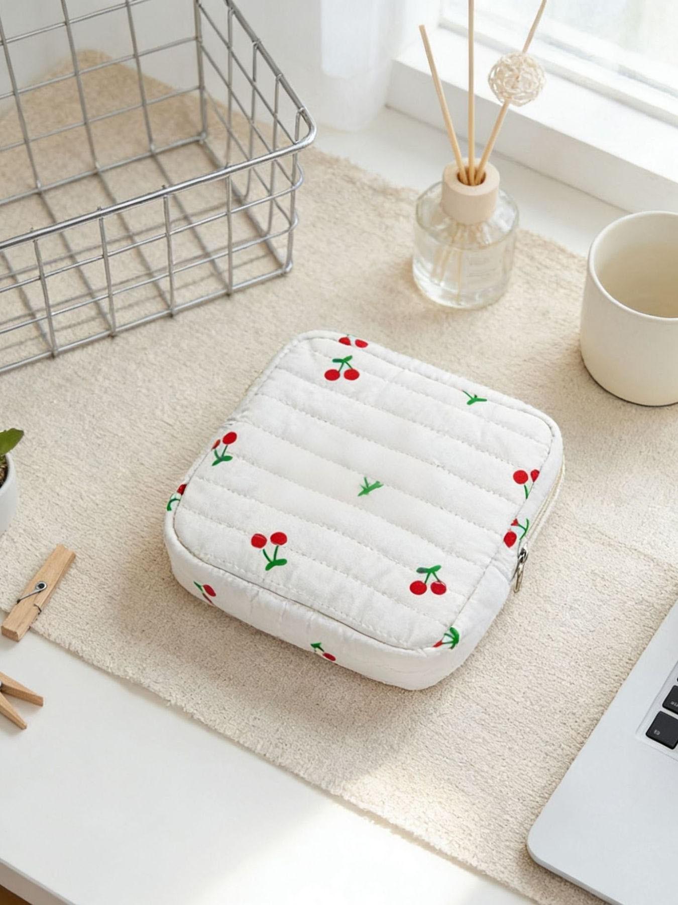 Bow Embroidery Quilted Makeup Bag, Small Portable Cosmetic Pouch for Women, ONLY 1 PC