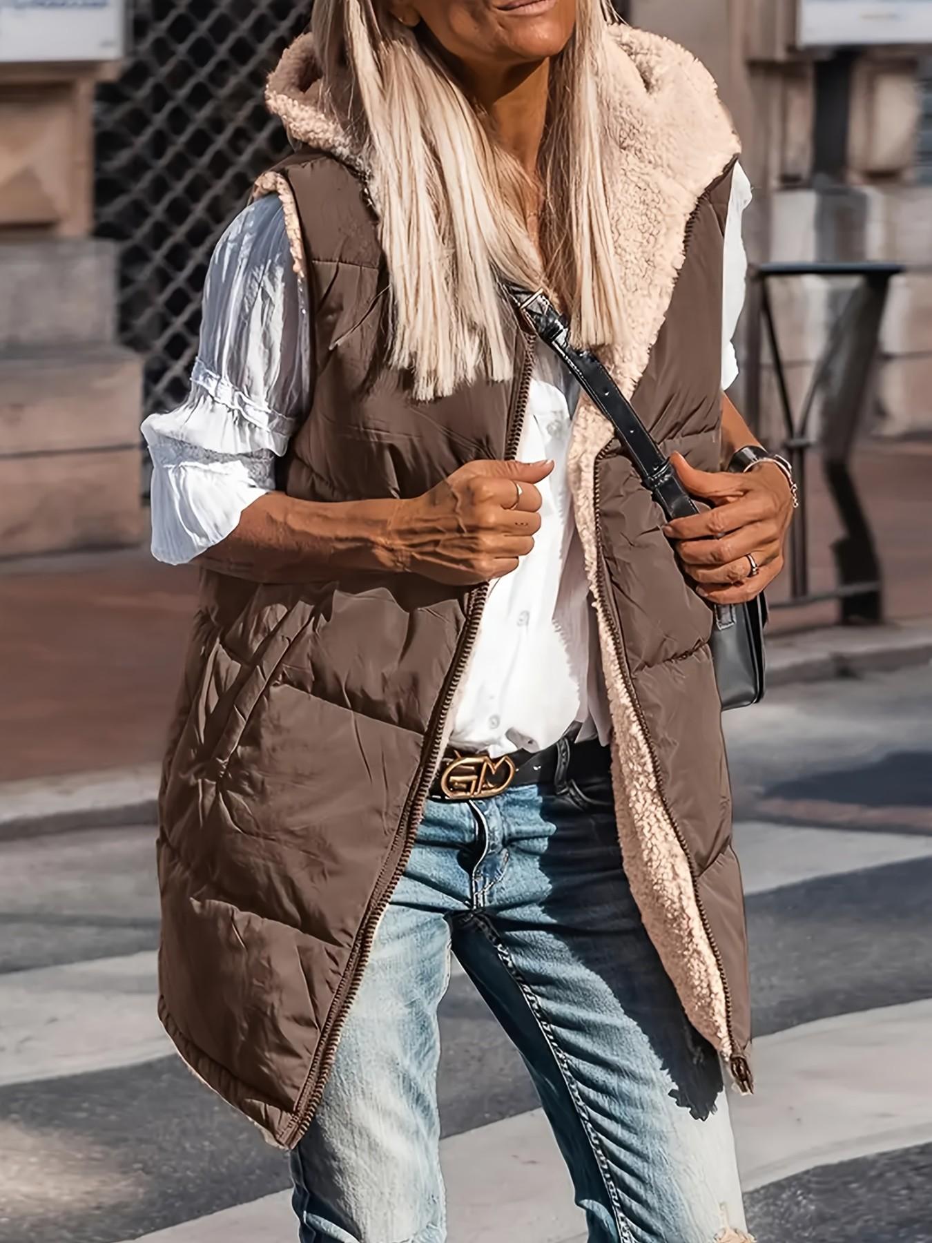 Women's Warm Reversible Sleeveless Fleece Jacket, Zipper Vest, Long Coat with Zipper Closure, Pocket and Hooded Casual Outerwear, Cozy Winter Fashion
