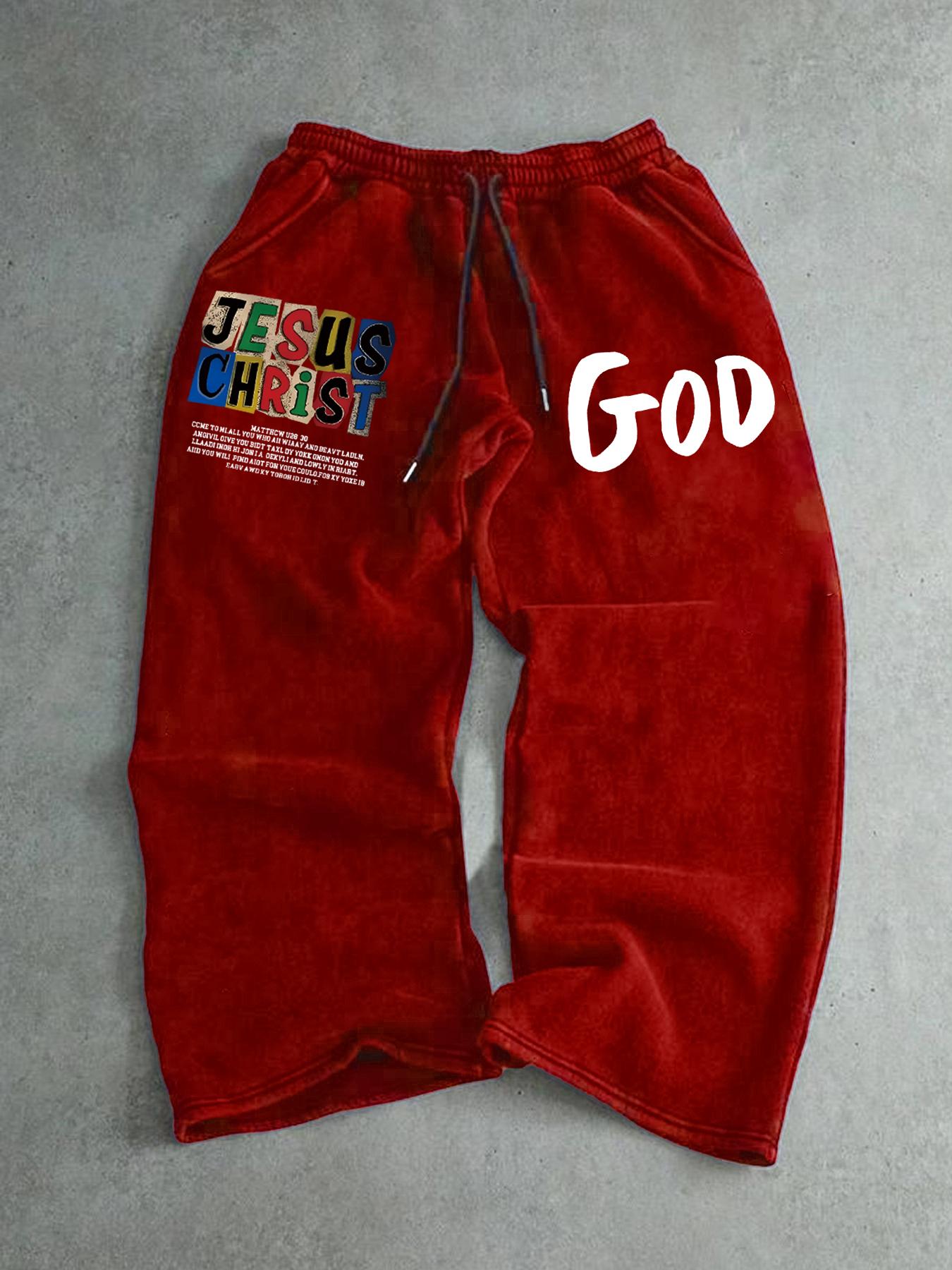 Men's Straight Leg Long Pants with Jesus Print, Casual Fashion, Comfortable Fit, Perfect for Daily Wear, Stylish Men's Clothing