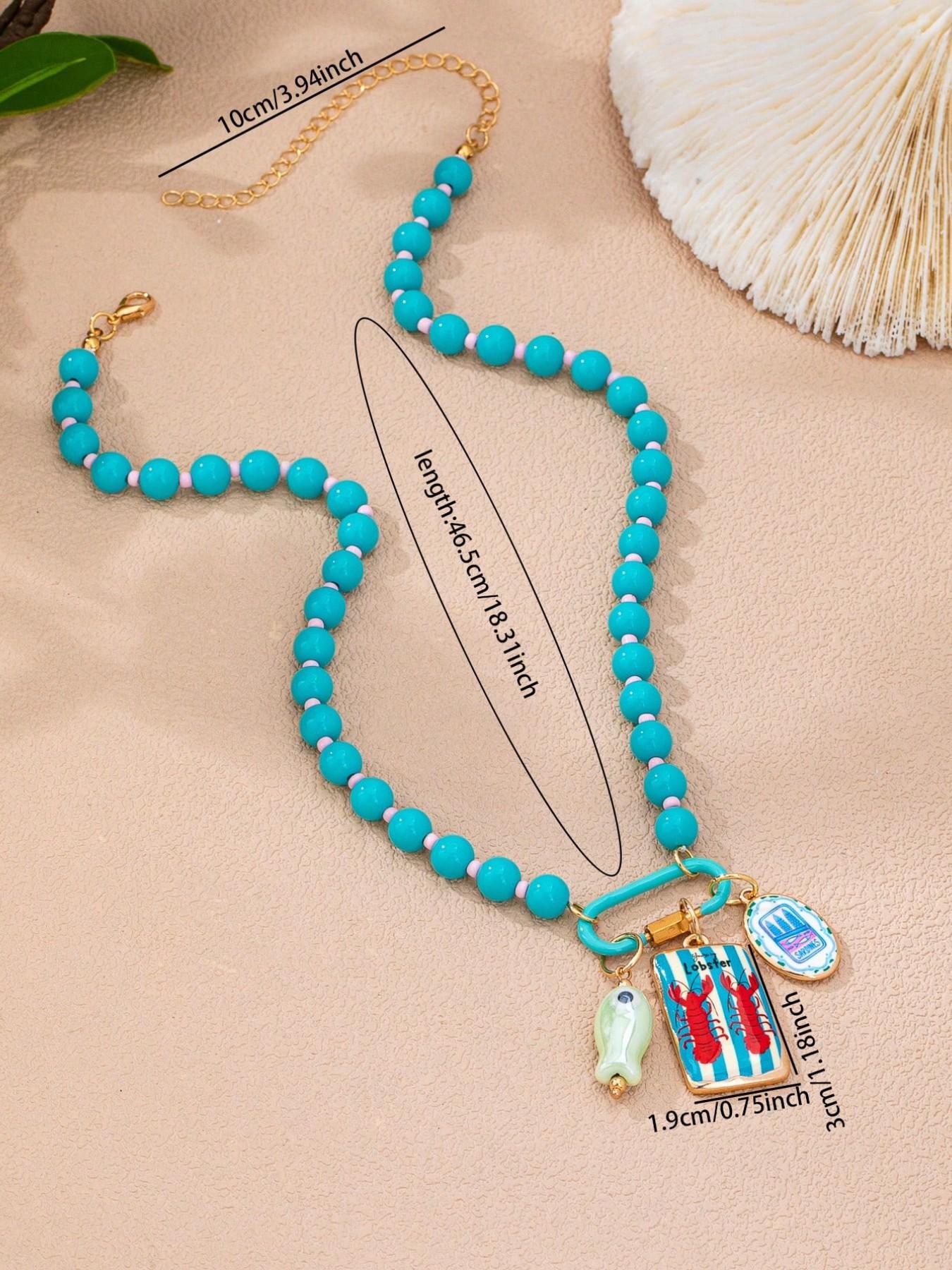 3Pcs Summer Ocean Themed Beaded Charm Necklace Set - 3PCS Dopamine Green & Blue Layered Mixed Necklaces with Enamel Lobster ,Beach Vacation  Jewelry, Dainty Layering Jewelry