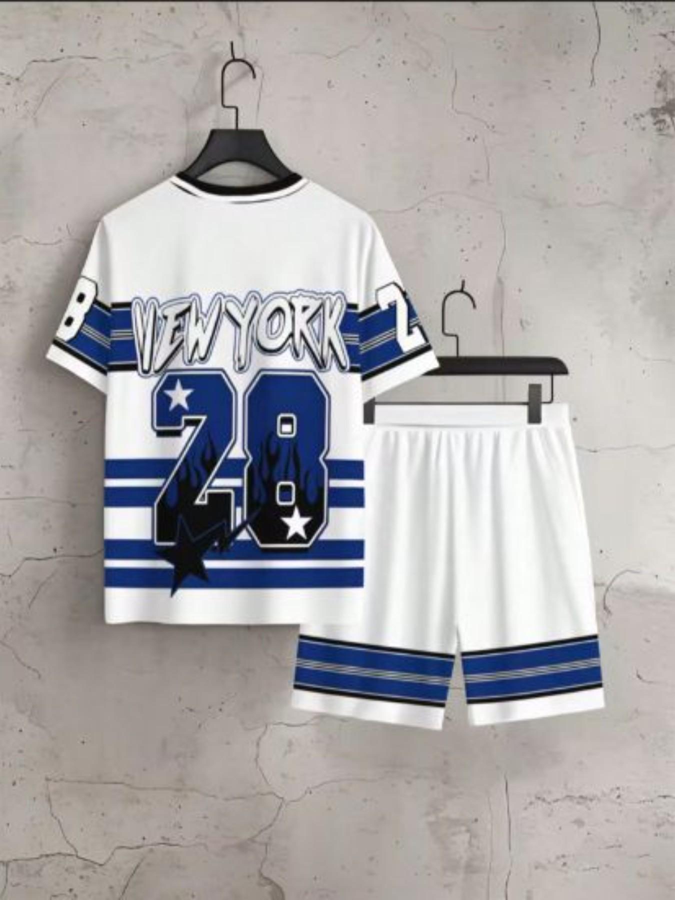 Summer Men's Outdoor Round Neck Short Sleeve T-Shirt and Shorts Set, Casual Letter Number Print, Fitted, Above the Knee, Sporty Style