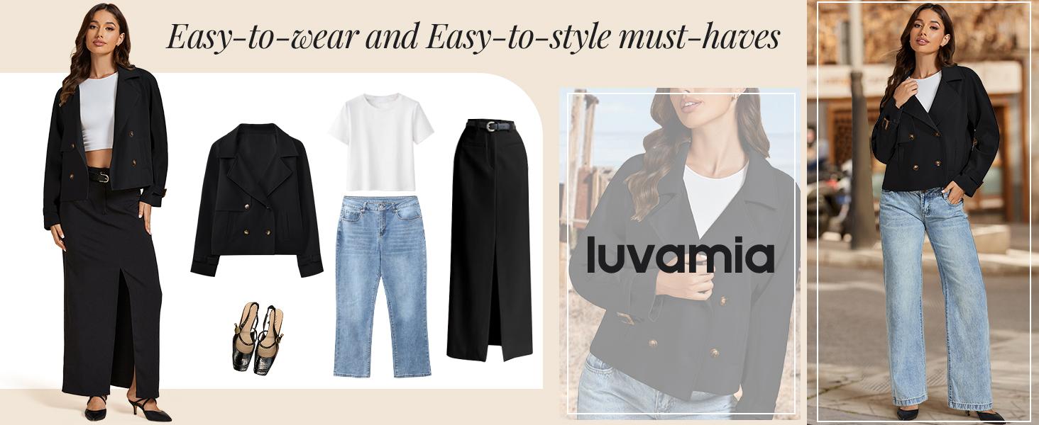 luvamia Polyester Cropped Trench Coat for Women Double Breasted Notched  Casual Loose Jackets with Pockets Women's Long Sleeve Coat Women's Lapel Outerwear