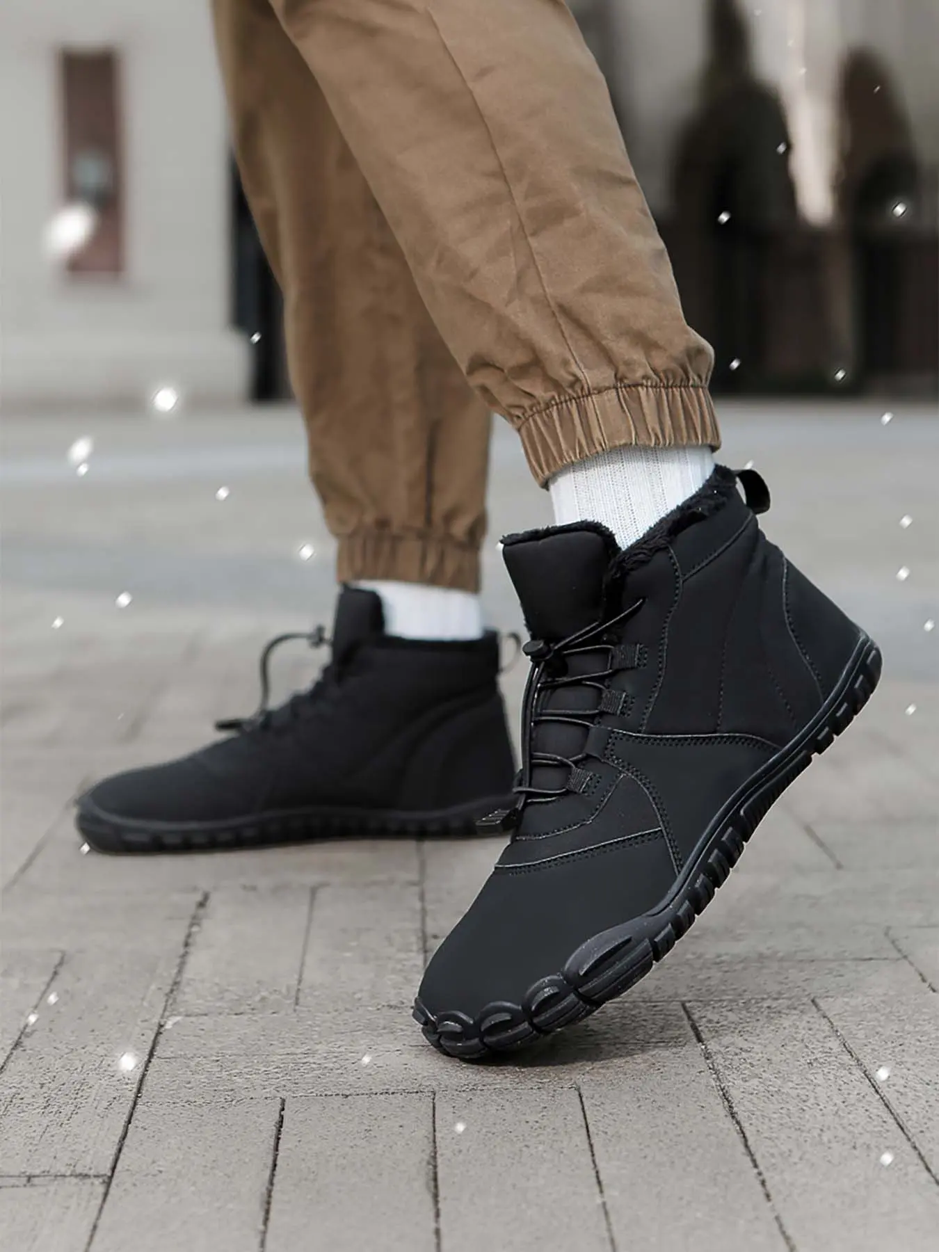 Men’s Fleece Lined Warm Barefoot Snow Boots, Wide Toe Box Zero Drop Quick Slip-On Lock Drawstring, Water Resistant Non-Slip Winter Ankle Boots for Commute & Trail Hiking