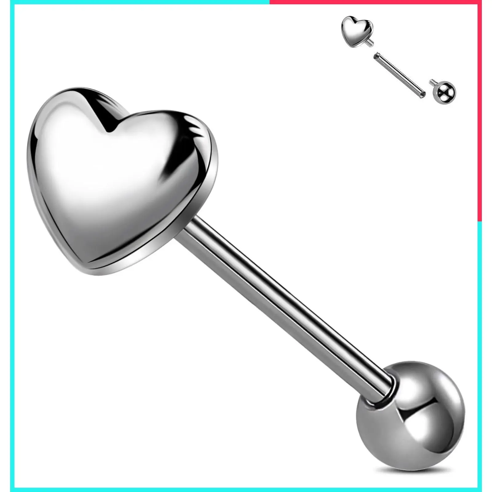 G23 Implant Grade Titanium Heart Tongue Ring - Internally Threaded Tongue Barbell Piercing Jewelry for Women Men