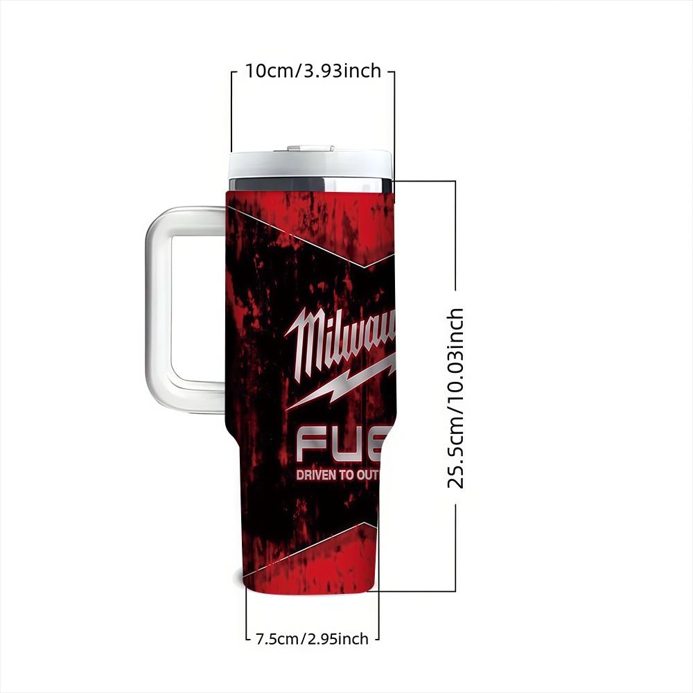 1pc 40oz Milwaukee Fuel Insulated Cup, Industrial Style, Vintage Car, Handle Straw Cup, Ideal for Garage, Office, Camping