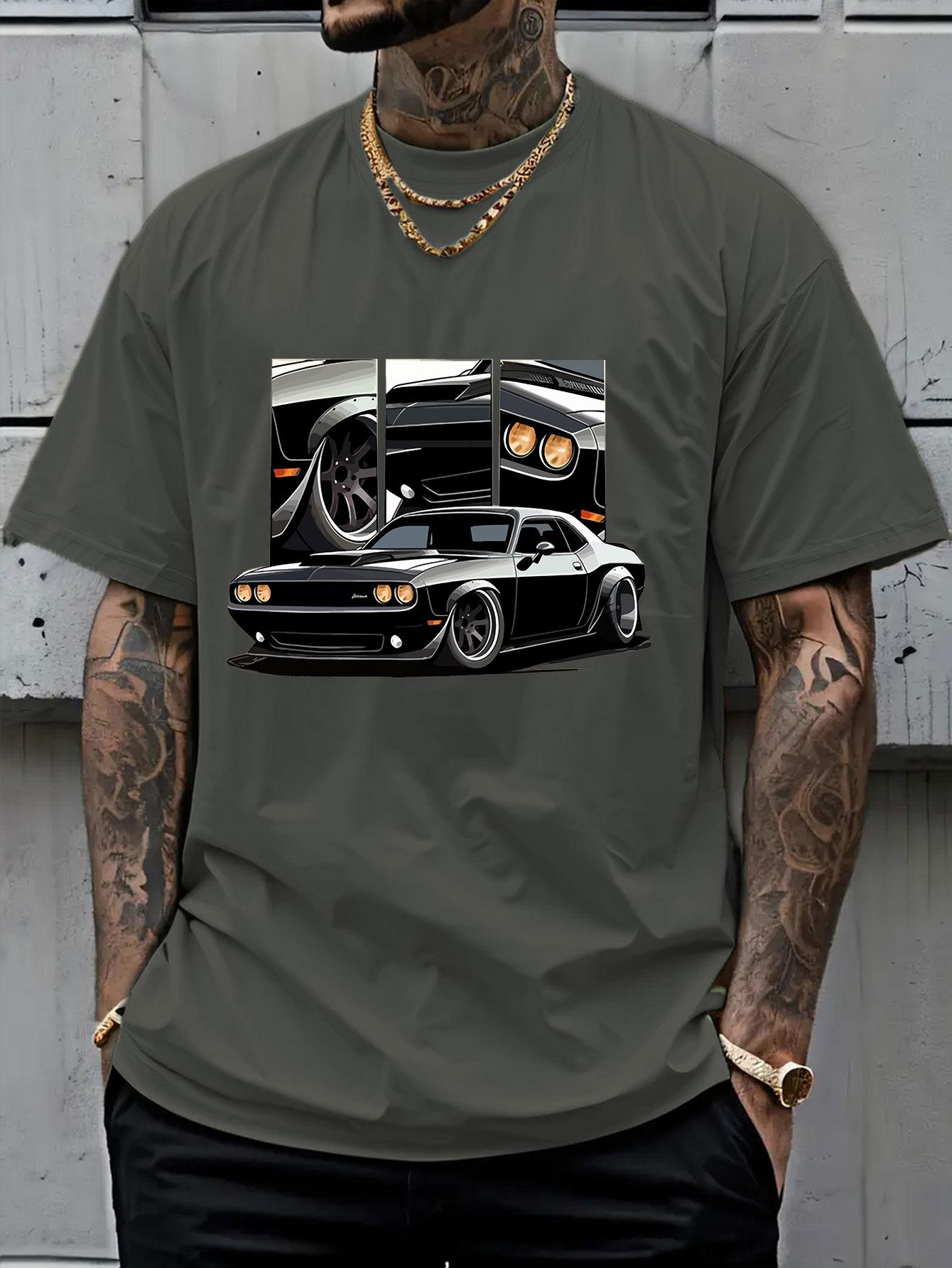 Men's Round Neck Short Sleeve T-Shirt, Summer Vintage Dodge Challenger Muscle Car Print, American Streetwear Loose Fit Top
