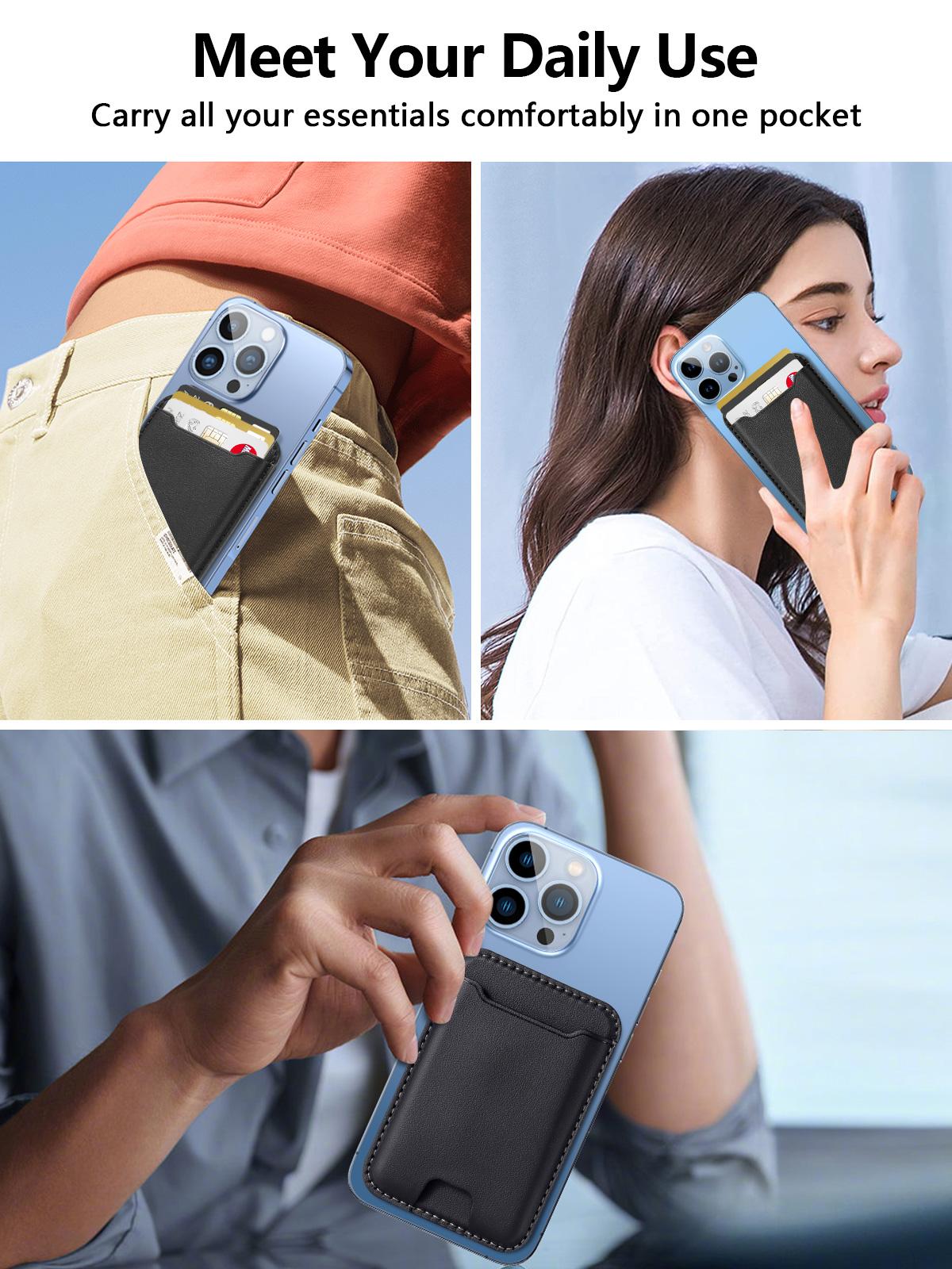 Magnetic Wallet Card Holder for Iphone 16/15/14/13/12 Series,Fit 4 Cards, Leather Material, Black Shockproof - Clip phone cooler multifunctional phone stand Electronics Accessories   Spring