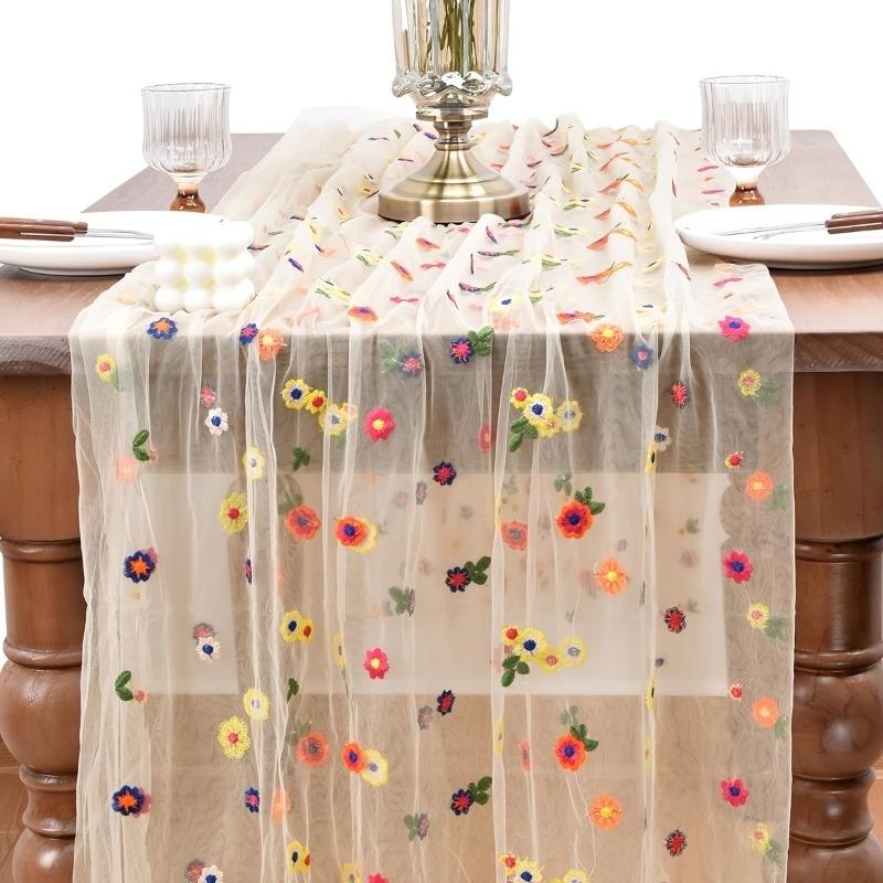 Embroidered Chiffon Table Runner, Daisy Floral Design, Ideal for Weddings, Parties, Home Decor, Outdoor Events, Perfect for Tables and Chairs