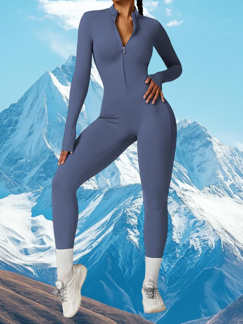Women's Solid Zip Up Long Sleeve Sports Jumpsuit, Casual Sporty Comfy Jumpsuit for Yoga Gym Workout, Ladies Sportswear for All Seasons, All Season Activewear