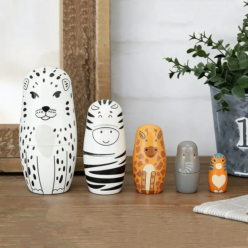 5pcs/set Snow Leopard Home Decor Set, Handmade Wooden Russian Nesting Dolls,Matryoshka Dolls,Stacking Toys, Perfect for Gifts, Christmas, New Year, Kids' Educational Play