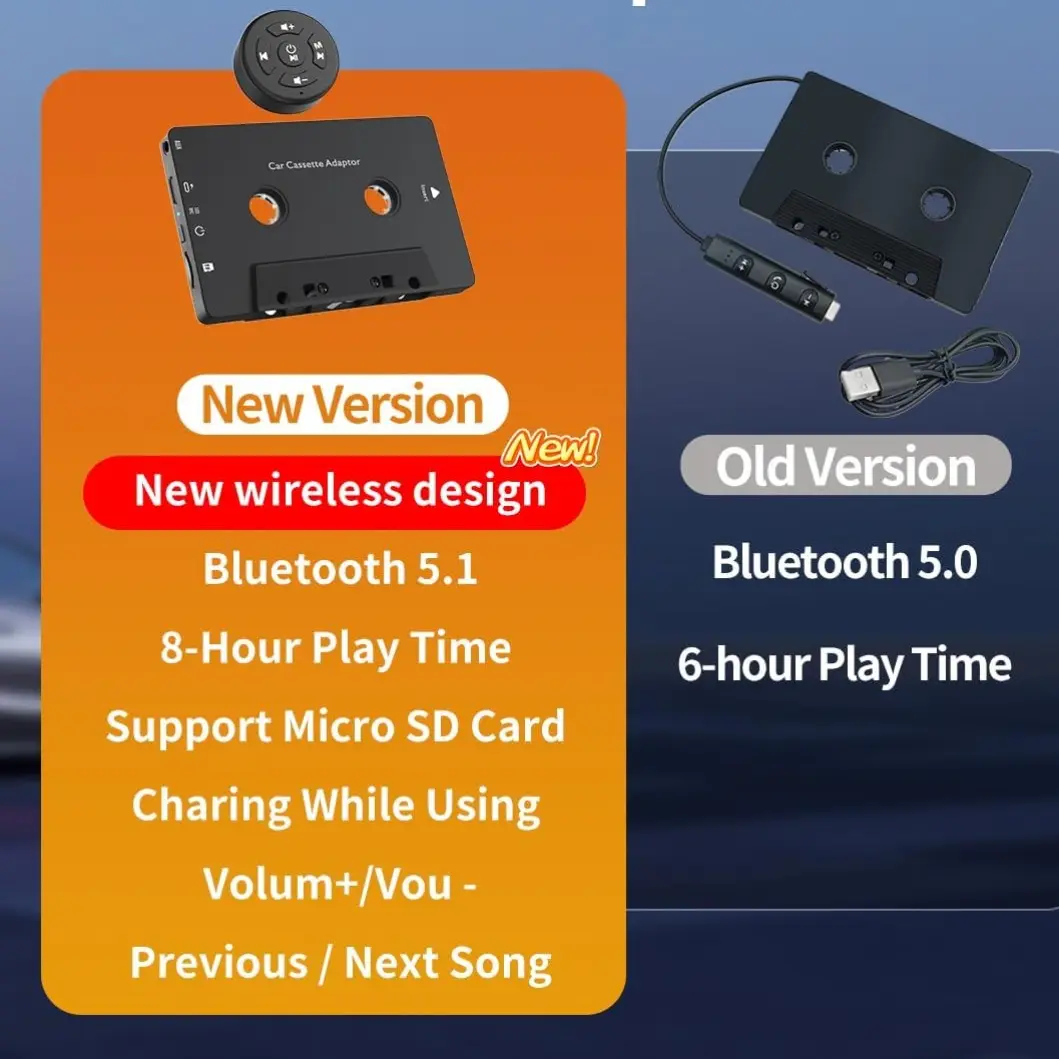 Car Audio Bluetooth 5.1 Compact Cassette Receiver, Cassette Bluetooth Adapter for Car Tape Player, Wireless Streaming Cassette Aux Adapter with Hands-Free Calling, Compatibility with Smartphones, Tablets, MP3, TF Card, Stable Connectivity