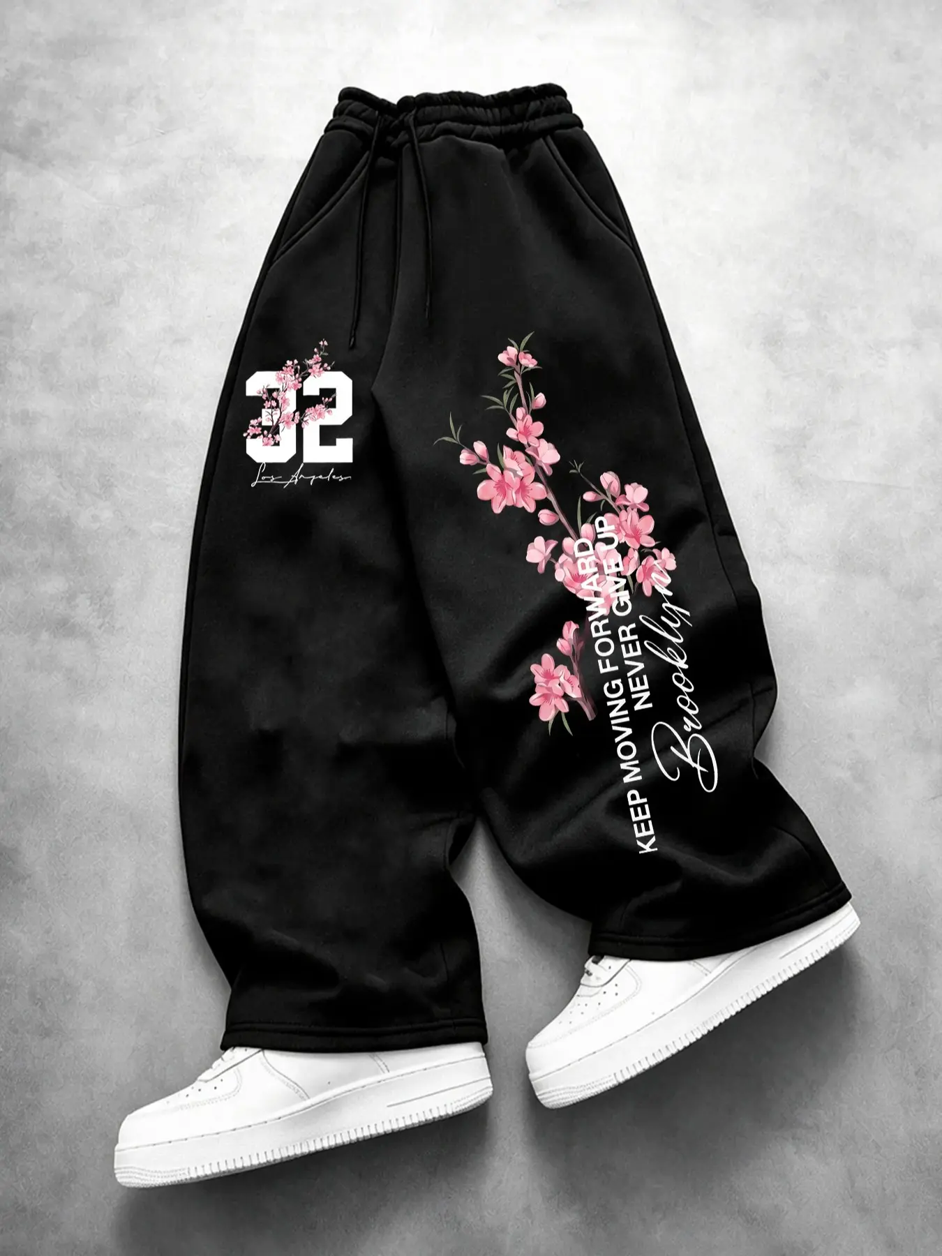 Men's Y2K Cherry Blossom Pattern Wide Leg Sports Pants, Brooklyn Slogan Loose Drawstring Long Pants, Fall Winter Thick Fleece Streetwear