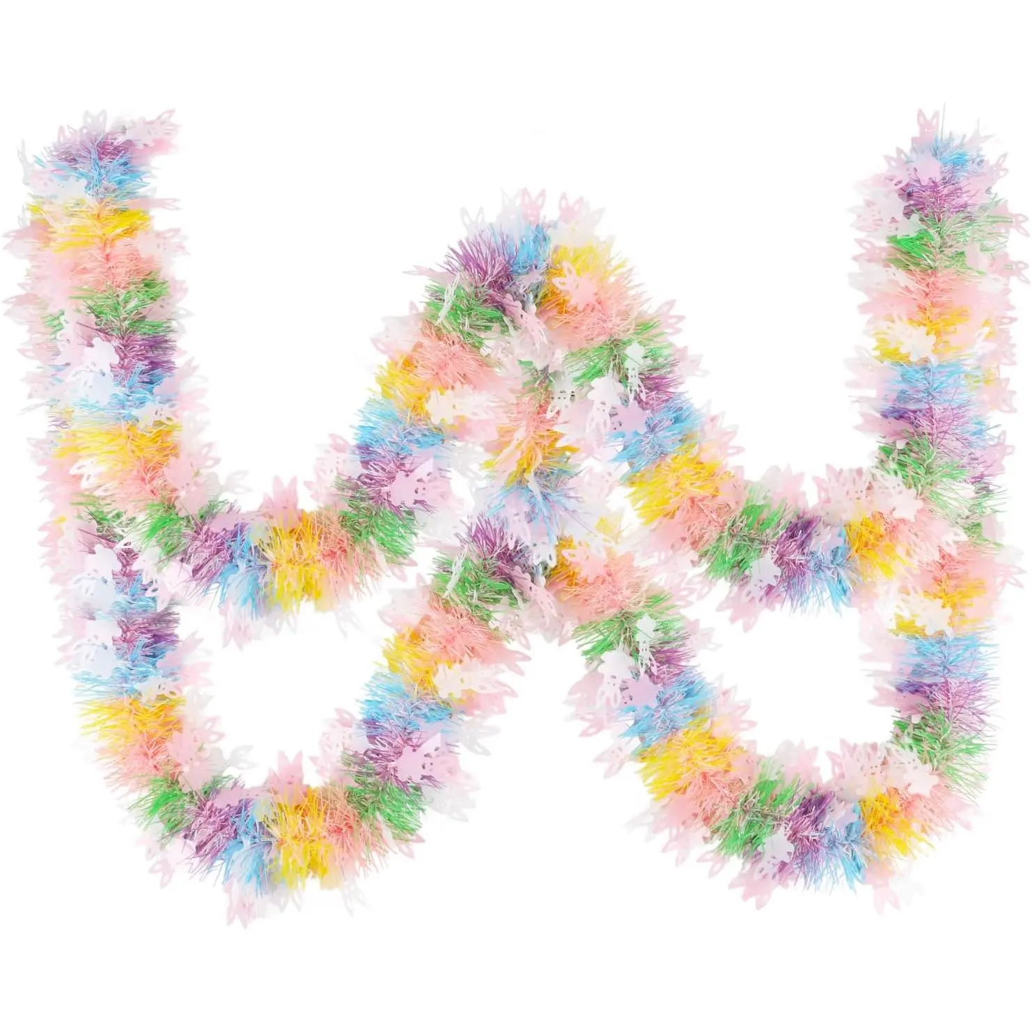 33FT Easter Tinsel Garland,Colorful Metallic Garland with Bunny Shaped Confetti Spring  Tinsel Twist Decoartion for Holiday Party Supplies Door Tree Stair Mantel Decor