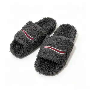 2026 Womens Charcoal Gray Fuzzy Open-Toe House Slippers with Red & White Stripes, Cozy Plush Indoor Slides for Loungewear