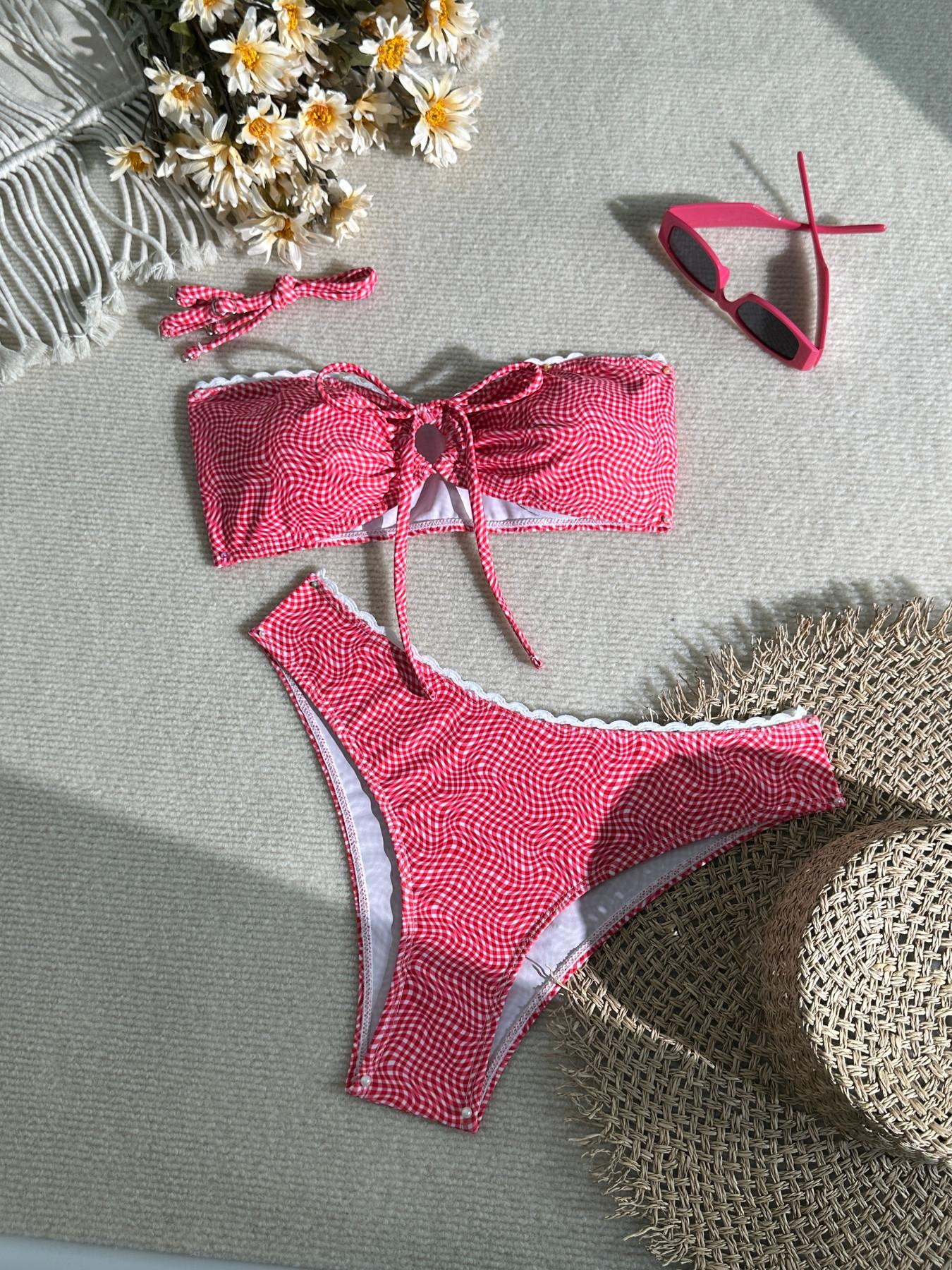 2026 New Retro Red Gingham Bandeau Bikini, Lace Trim Tie Front Convertible Strap Two Piece Swimsuit, High Cut Summer Beach Vacation Swimwear