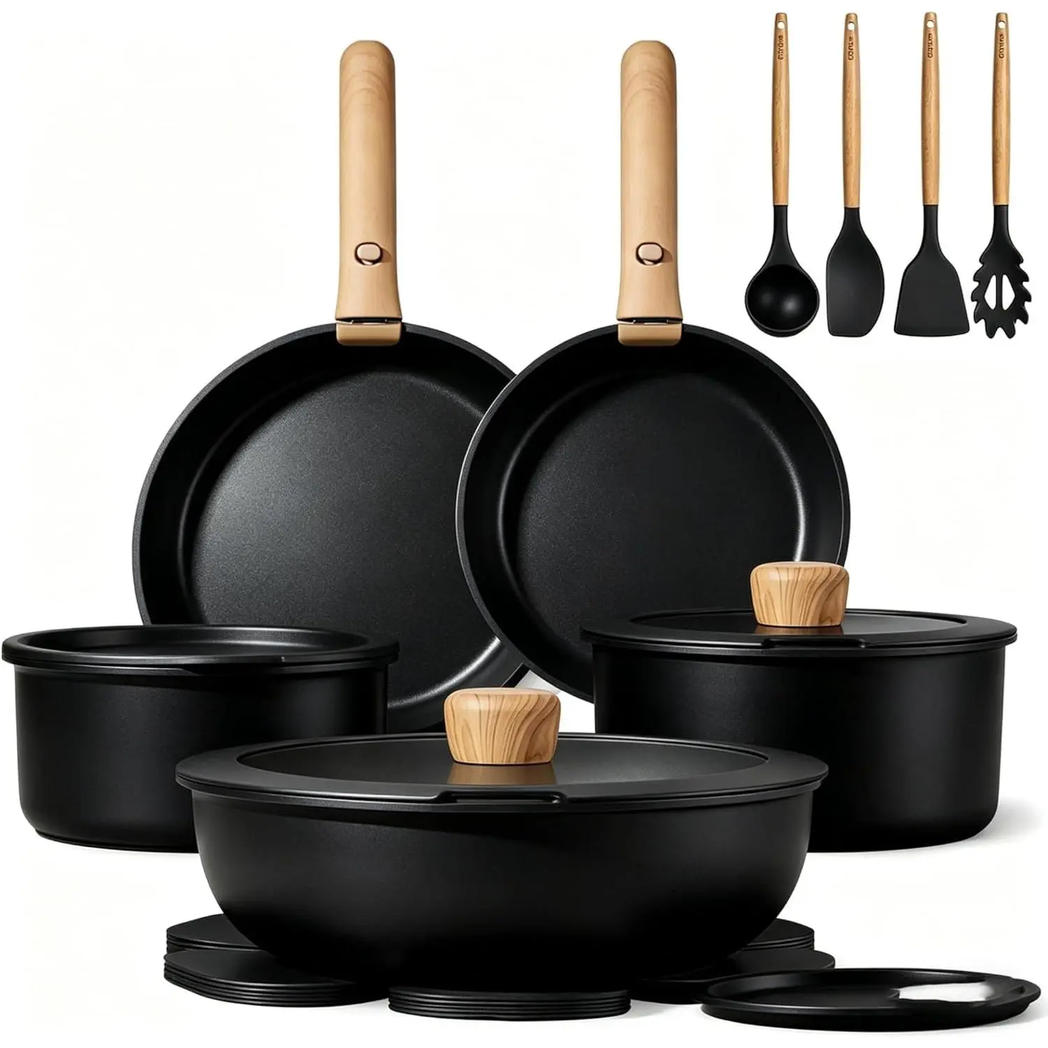 Garvee 21-Piece Nonstick Stackable Cookware Set - Detachable Ceramic Handles, Frying Pans, Oven-Safe for Indoor Cooking, Black