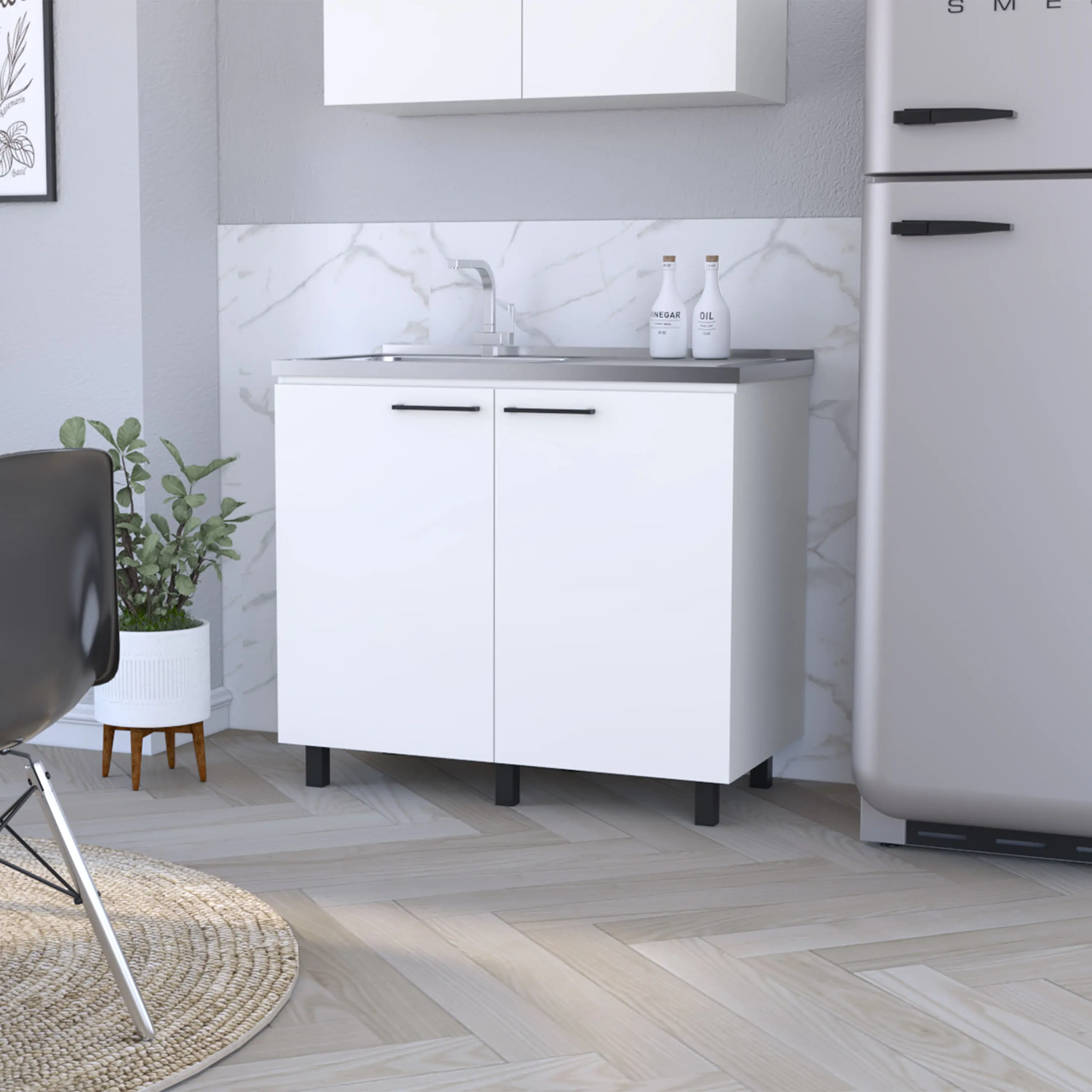 Nokaa Utility Sink Cabinet with Stainless Steel Countertop, White Particle Board Storage Sideboard for Kitchen, Modern Combo Unit with Interior Shelf and Easy-Grip Handles, 39.38x20.67x35.04 Inches, White