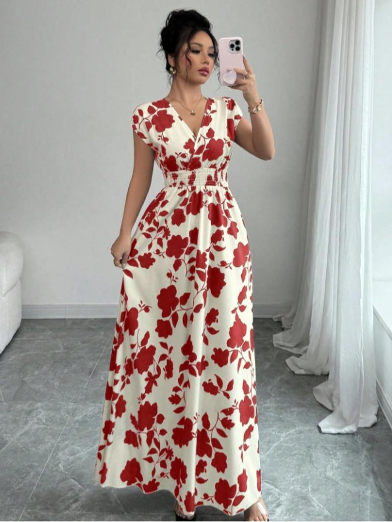 Elegant Women's Summer Dress, V Neck A-Line Batwing Sleeve, Floral Print, Leaf, Casual Fashion, Perfect for Daily Wear & Special Occasions