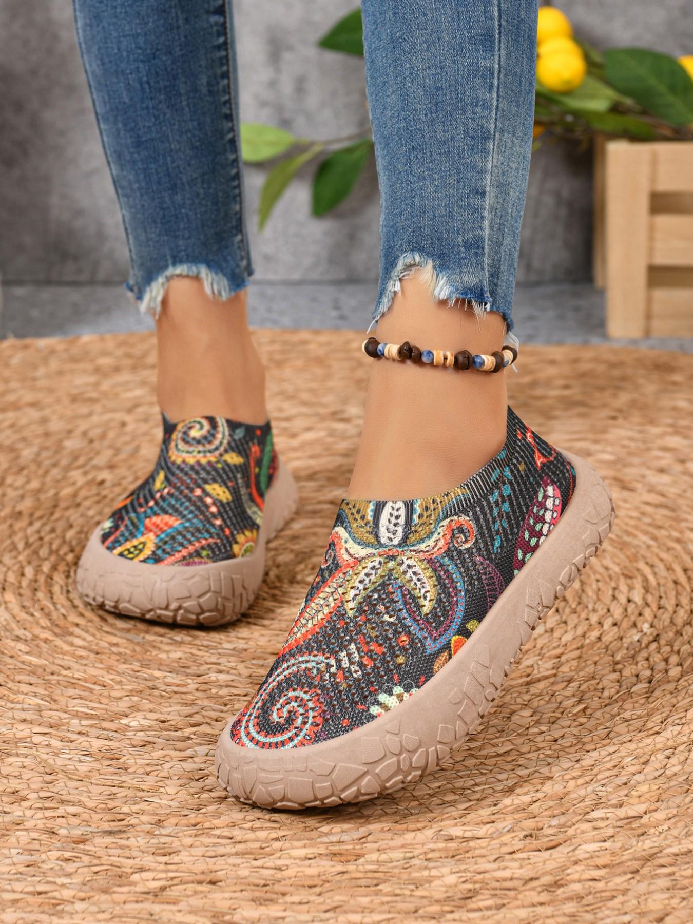 Women's Ethnic Print Slip-On Casual Shoes, Cut Out Mesh Breathable Summer Footwear, Round Toe Thick Sole, Boho Style Comfortable Daily Wear, Summer Boho Shoes
