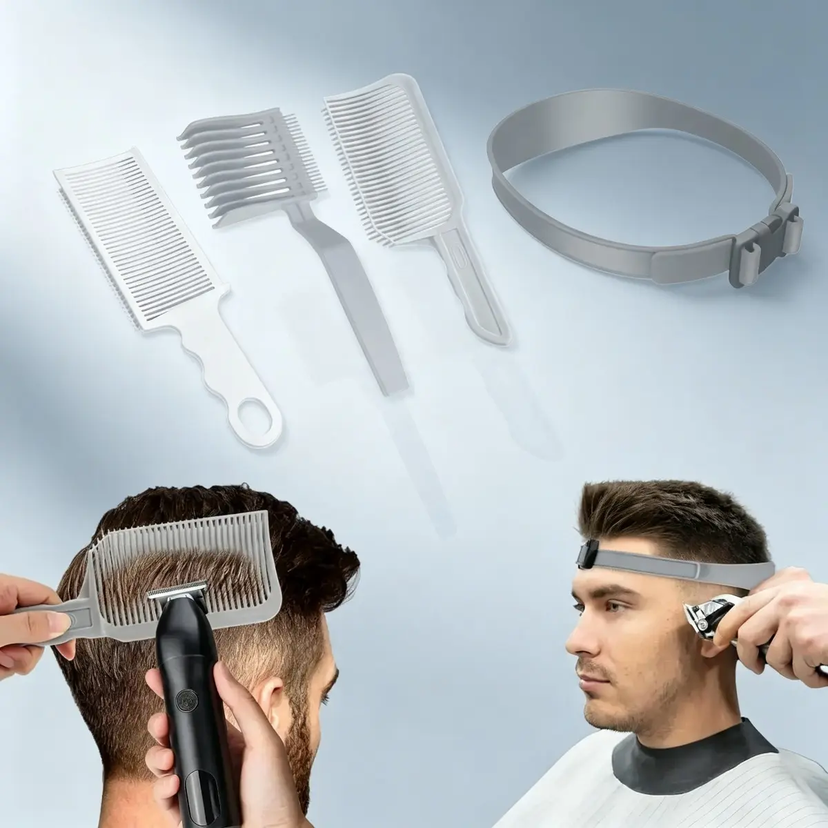 Unisex 4-Piece Salon Hair Cutting Guide Kit - Comb, Adjustable Silicone Band, Precision Guides, Heatless Tool - Professional Barber Haircare Equipment for Home Trimming (Indoor Recreation)