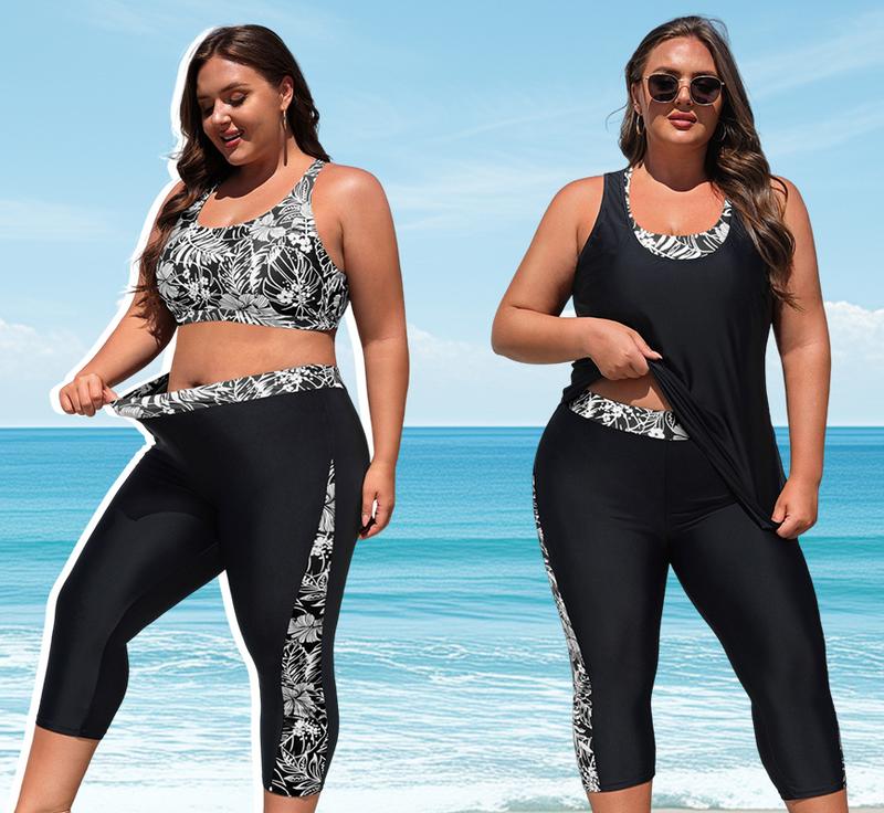 Yonique Three Piece Plus Size Swimsuits for Women Tankini Tops with Sports Bra and Swim Capris Athletic Bathing Suits