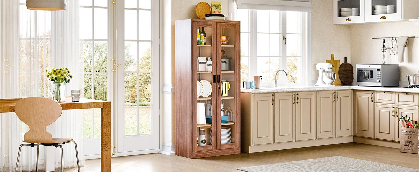 Letaya 71" Storage Cabinet, Display Cabinet with 4 Adjustable Shelves, Lockable Bookshelf Bookcase with Glass Door for Home, Office, Pantry, Kitchen,