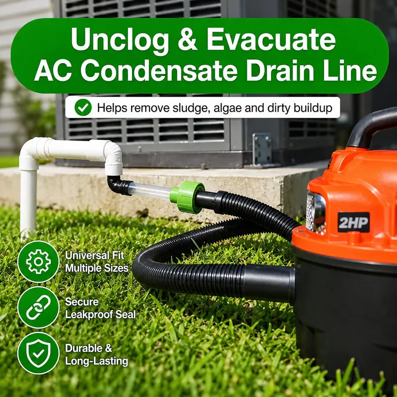Universal AC Drain Line Cleaner Adapter, Wet/Dry Vacuum Attachment for HVAC Condensate Drain Pipes, Clear-View PVC Unclogger Tool for Fast Evacuation and Clog Removal