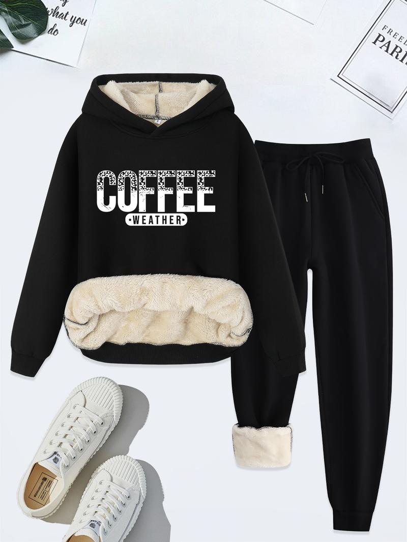 Women's Coffee Weather Print Hoodie & Sweatpants Set, Fleece Lined Thick Casual, Fall Winter Two-Piece Set, Plain Style