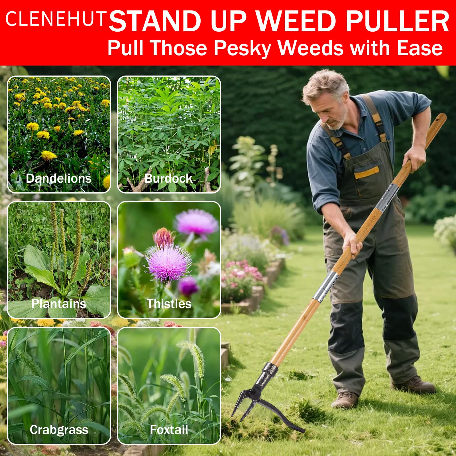 Standing Weed Removal Tool with 4-Prong Steel Head, Long Handle, Manual Grass Puller for Gardens, Lawns, Outdoor Use, No Bending/kneeling