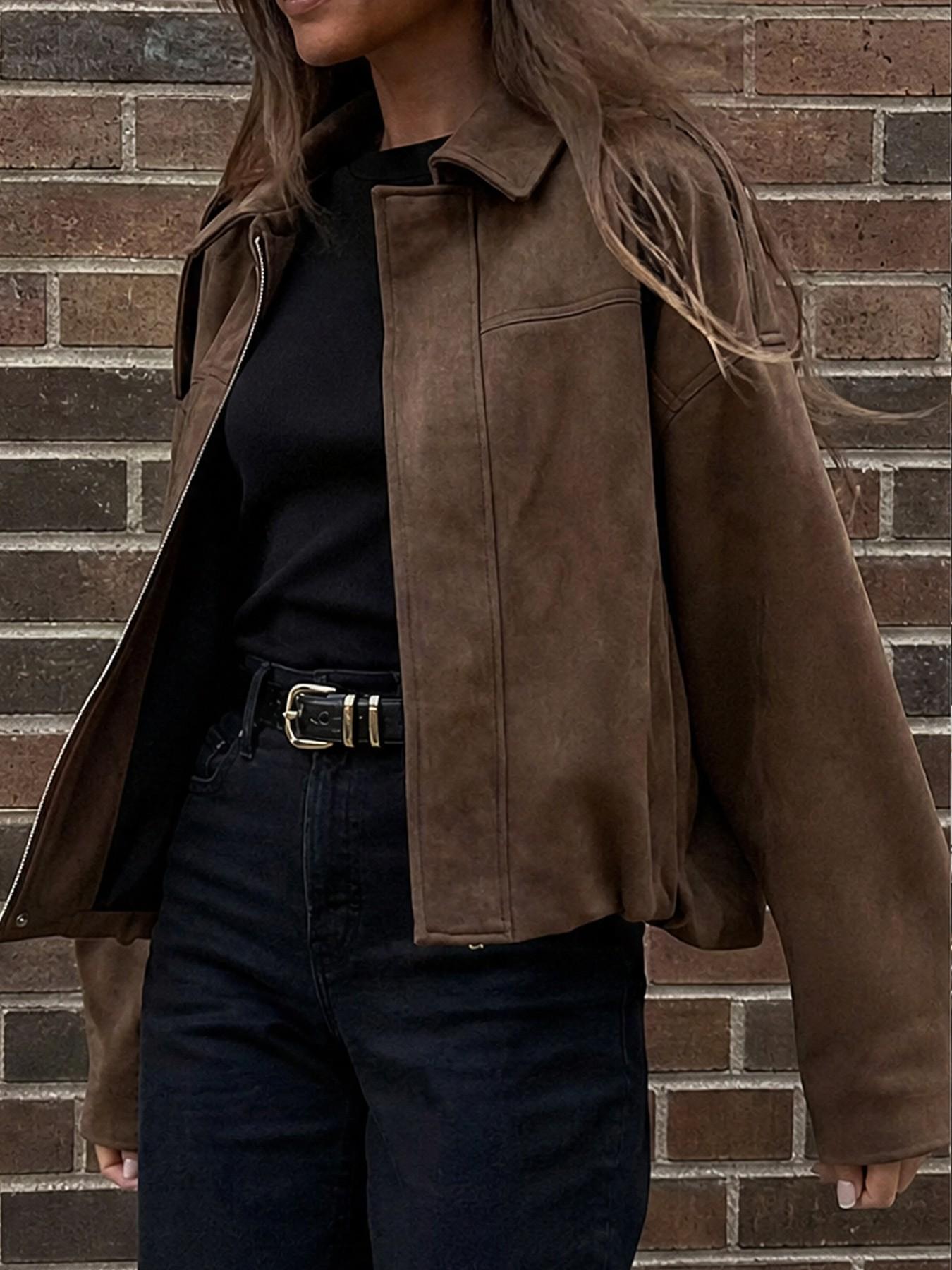Women's Fashion Loose Short Zipper Jacket, Notched Collar Long Sleeve Pilot Coat, with Pockets, Essential for Autumn